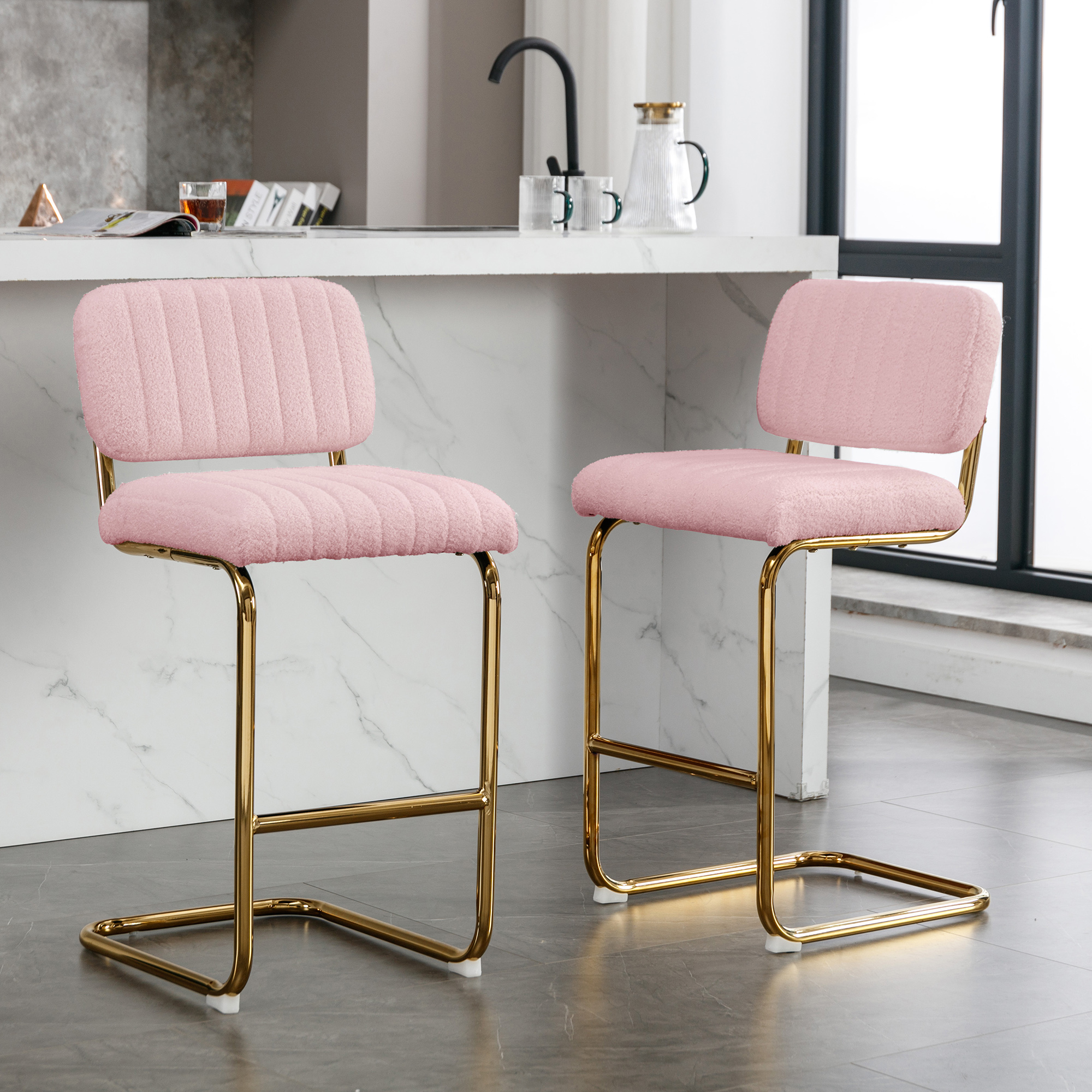 CoSoTower Mid-Century Modern Counter Height Bar Stools for Kitchen Set of 2, Armless Bar Chairs with Gold Metal Chrome Base for Dining Room, Upholstered Boucle Fabric Counter Stools, Pink