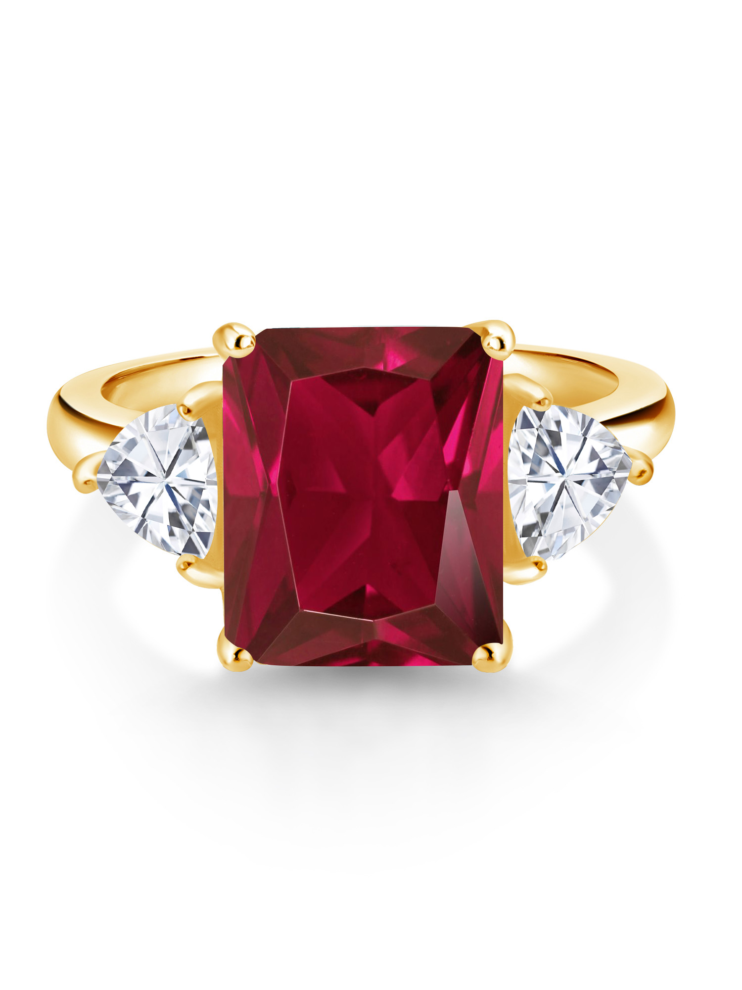 Gem Stone King 18K Yellow Gold Plated Silver Red Created Ruby and White Moissanite 3 Stone Ring For Women (6.64 Cttw, Octagon 12X10MM, Trillion 5X5MM, July Birthstone, Size 7)