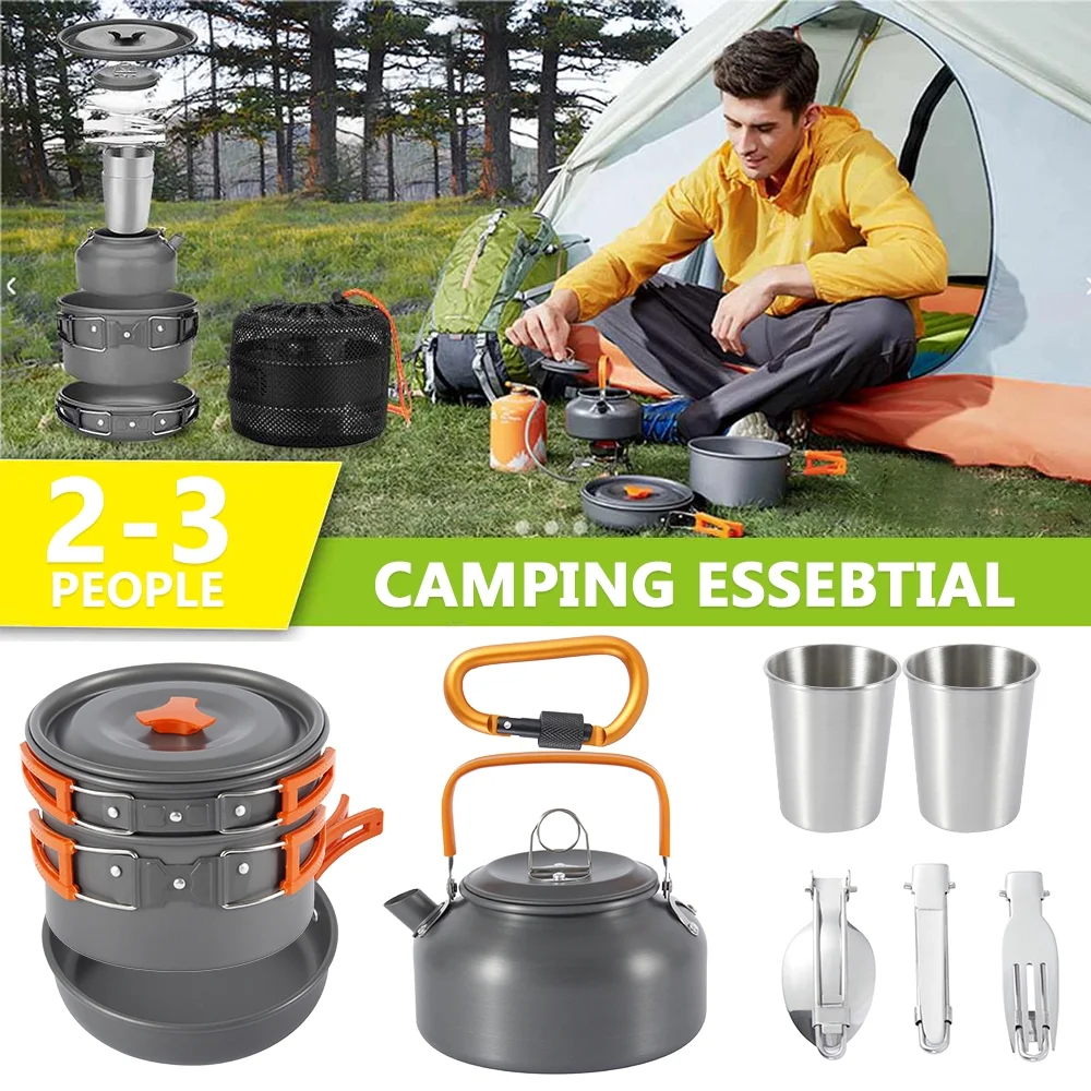 Camping Cookware Kit Outdoor Aluminum Cooking Set for 2 to 3 People Non Stick Folding Camping Pans and Pots Travelling Camping Hiking Picnic BBQ Orange