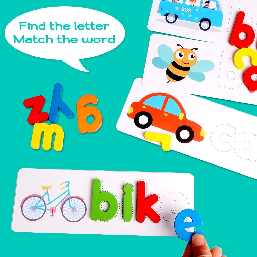 See Spelling Learning Toy Sight Word Matching Letters Puzzle Game Wooden ABC Montessori Preschool Educational Developmental Gift Toy for Kids Girls Boys28 Double-Side Cards 52 Alphabet Block