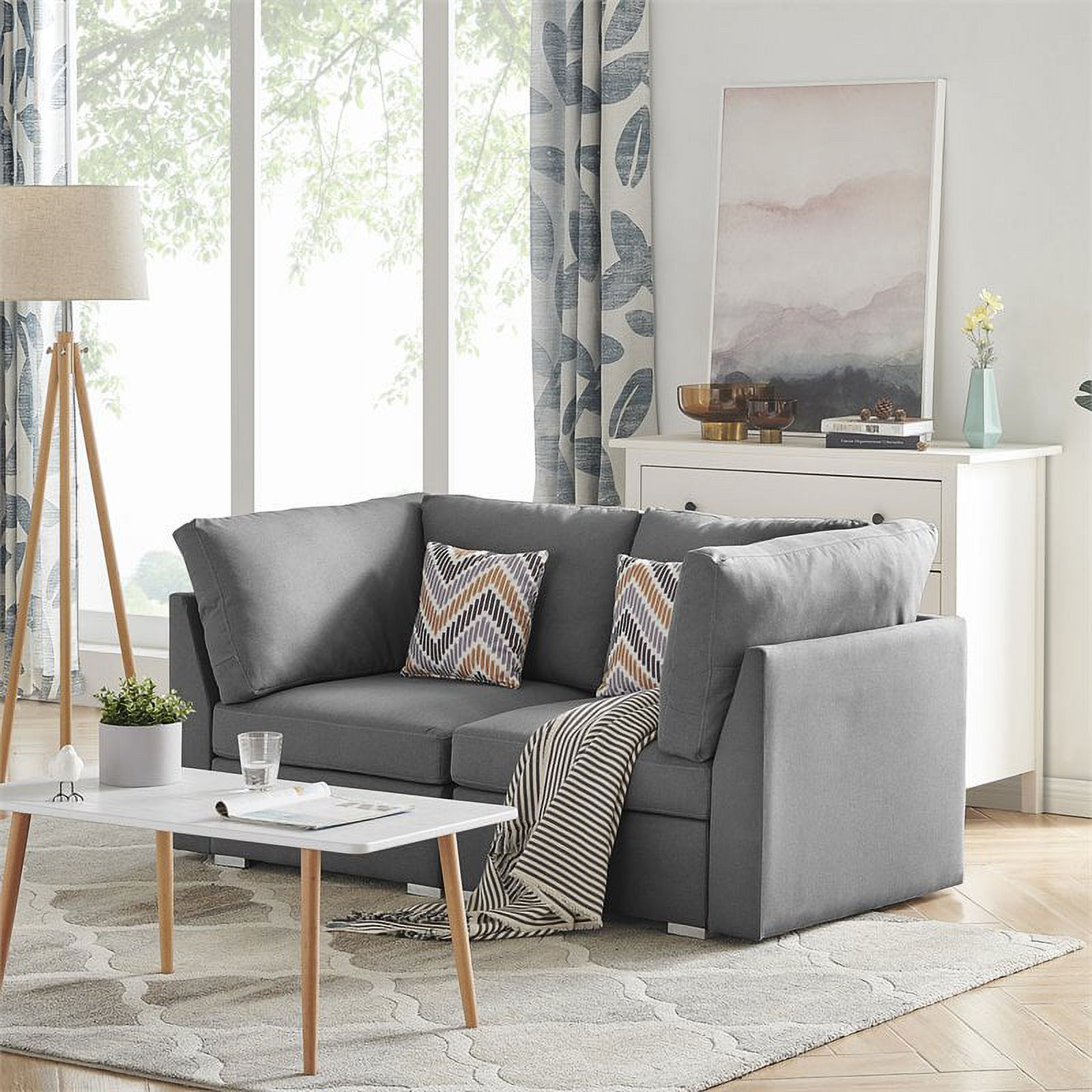 Bowery Hill Gray Linen Fabric Loveseat Contemporary Couch with Pillows