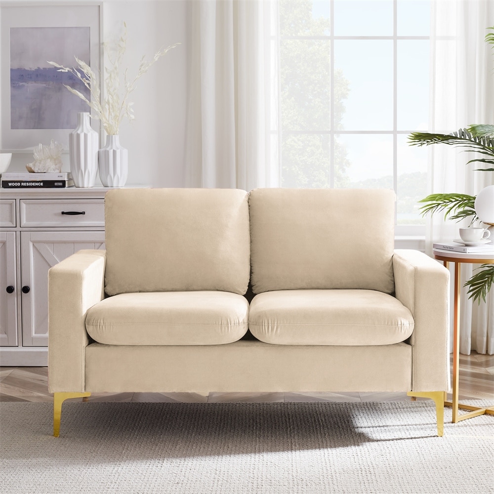 8005-Orange Velvet Loveseat With Gold Metal Legs Square Armrest Small Sofa Couch For Living Room Black