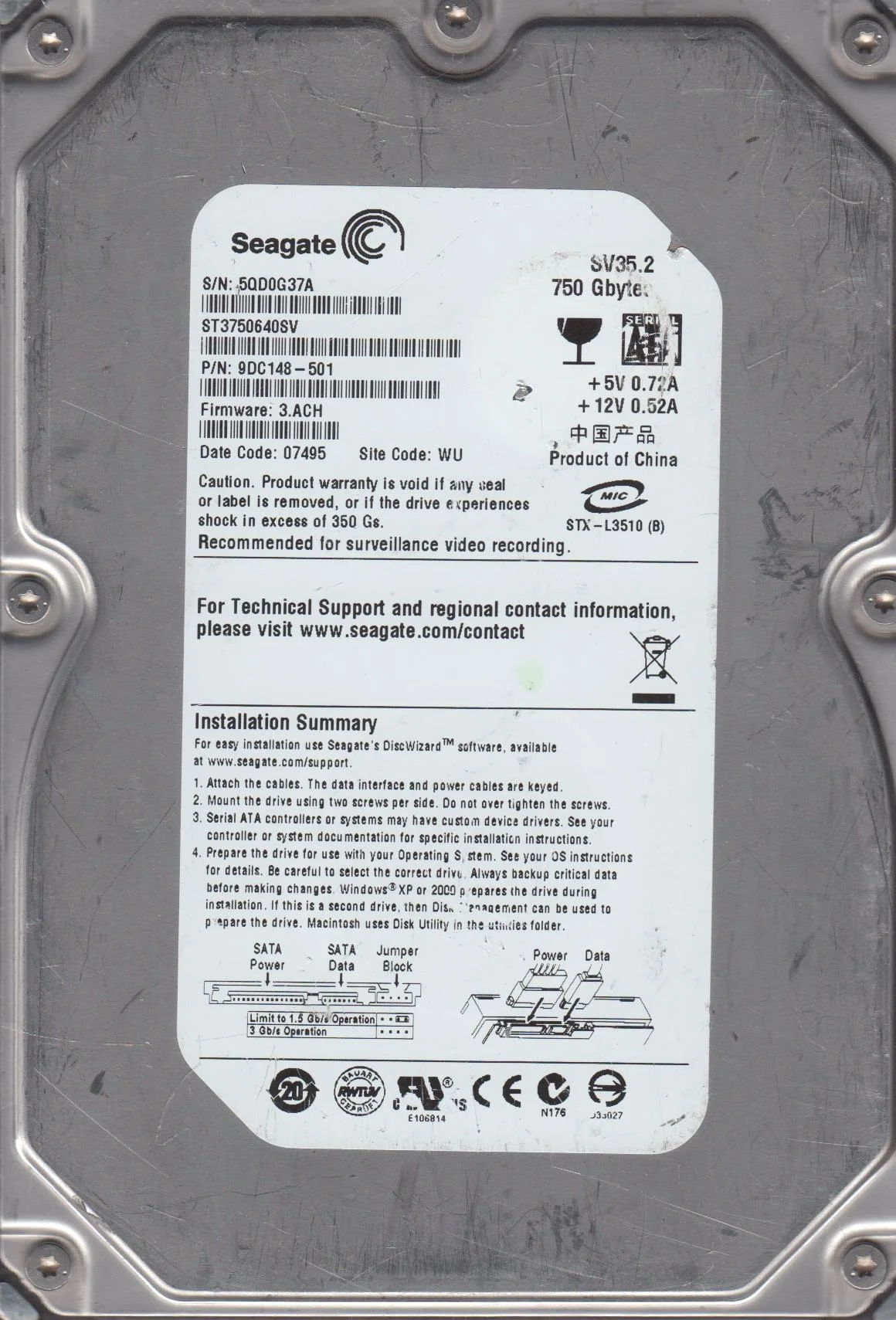 ST3750640SV, 5QD, WU, PN 9DC148-501, FW 3.ACH, Seagate 750GB SATA 3.5 Hard Drive