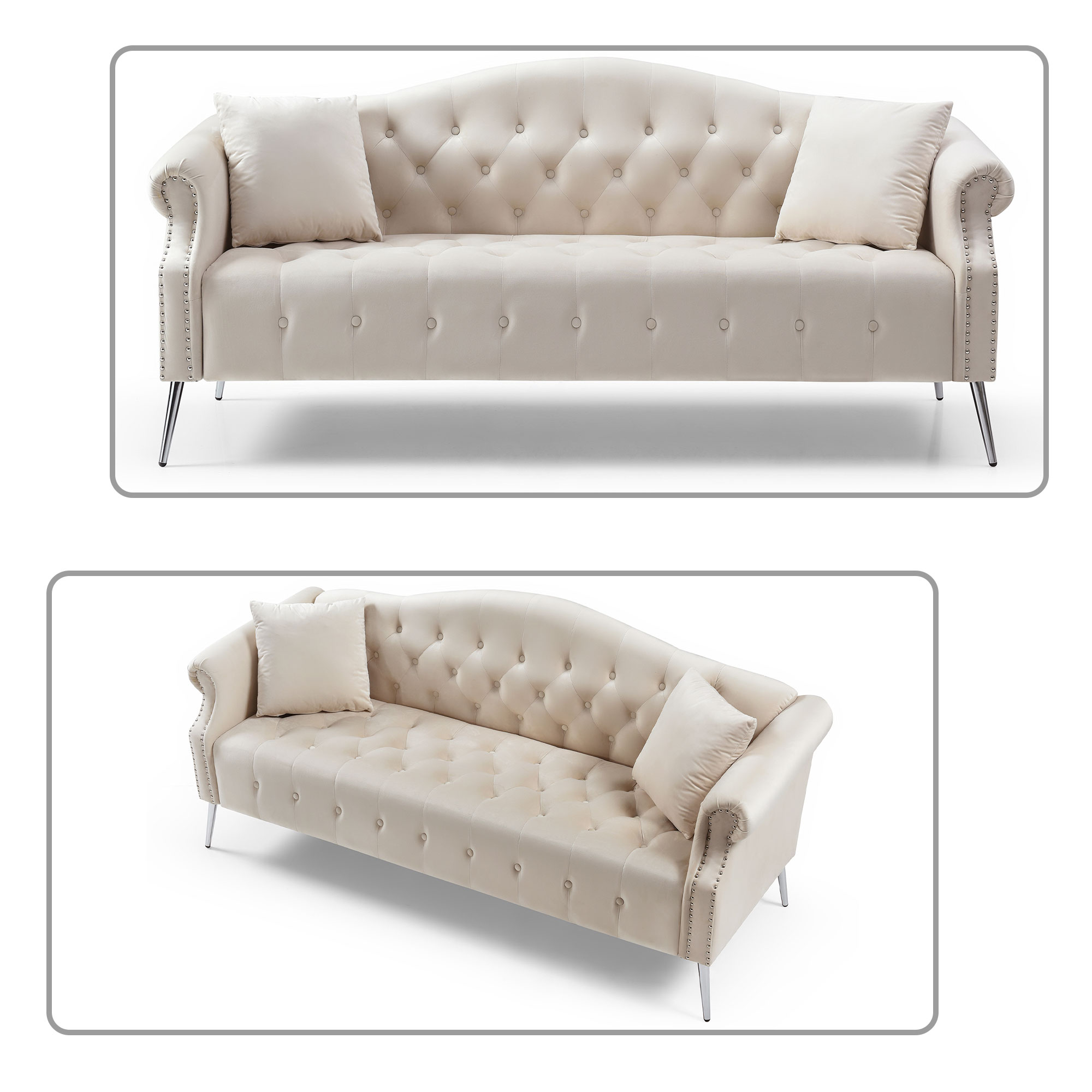 Modern Elegant Style Velvet Fabric Button Tufted Three-seat Sofa with Roll Armrest, 2 Pillows and Metal Legs for Living Room, Bedroom, Beige