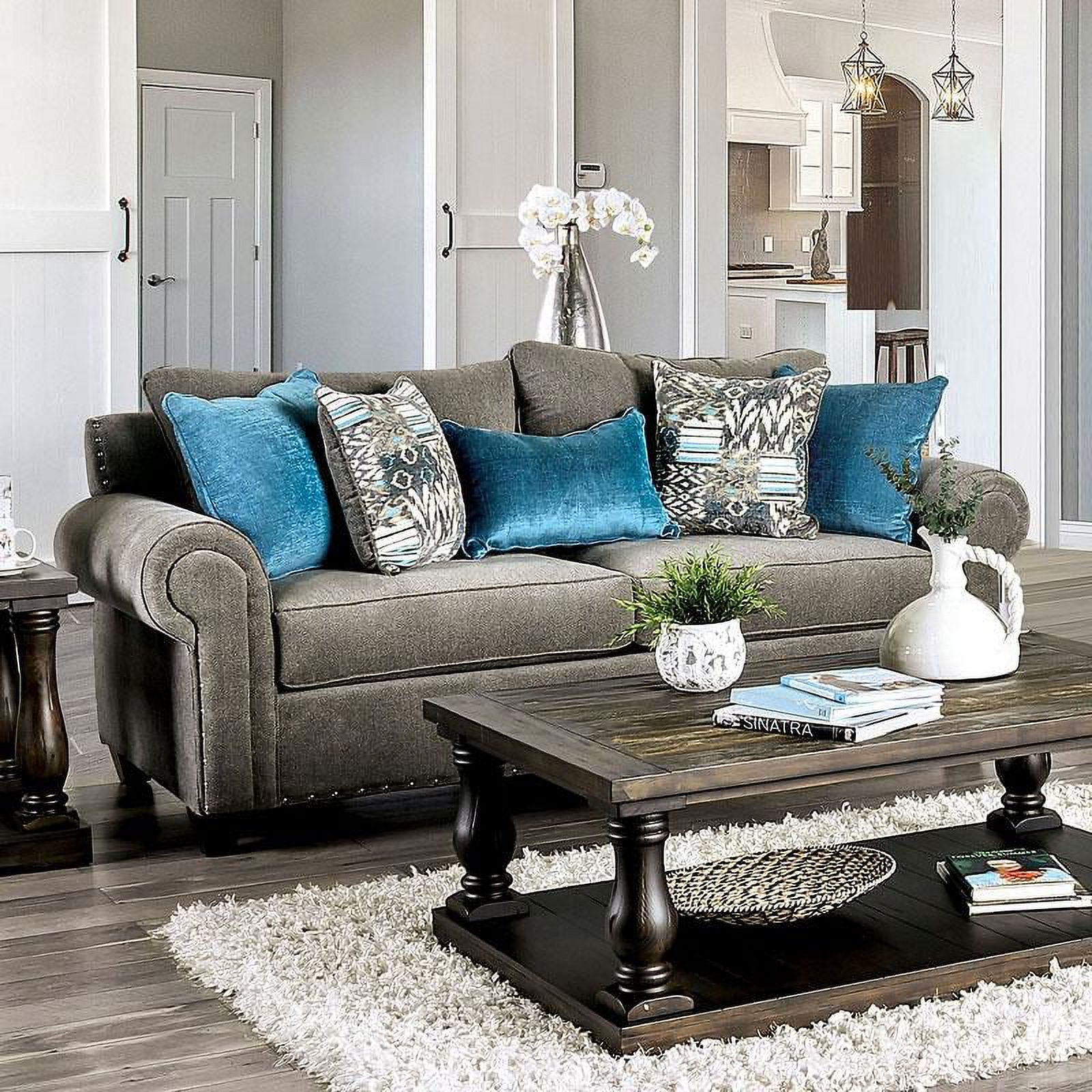 Transitional Gray Chenille Sofa and Loveseat Furniture of America Mott