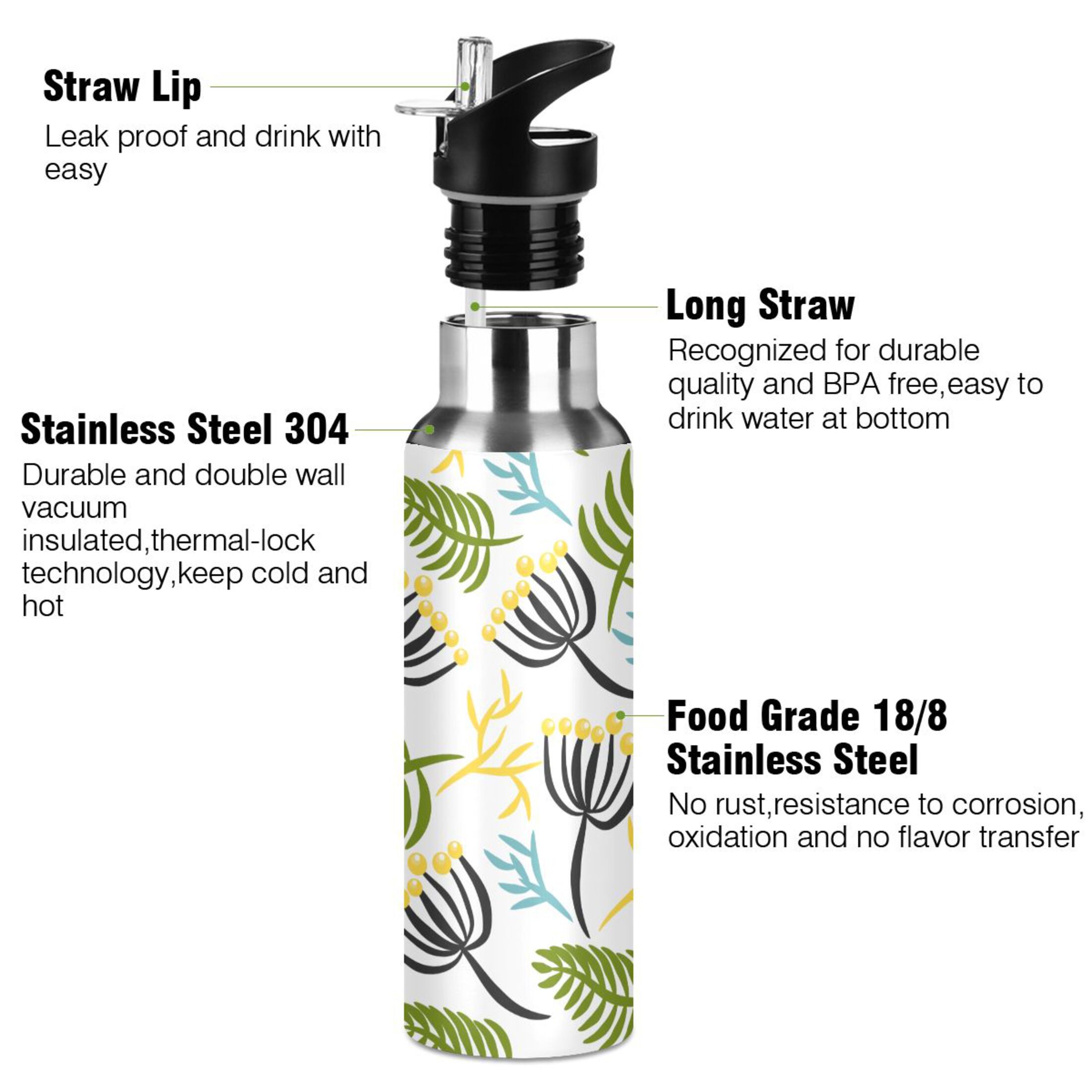 Leaves Water Bottles Insulated Thermos Kids Stainless Steel Bottle with Straw Lid Flask Leakproof for Sports Gym 20 oz