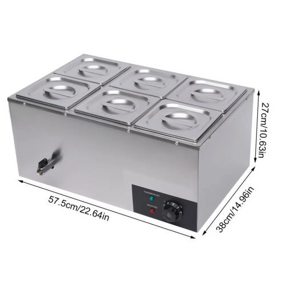 600W 110V Bain Marie 6 Pots Pans Commercial Buffet Food Warmer Stainless Steel