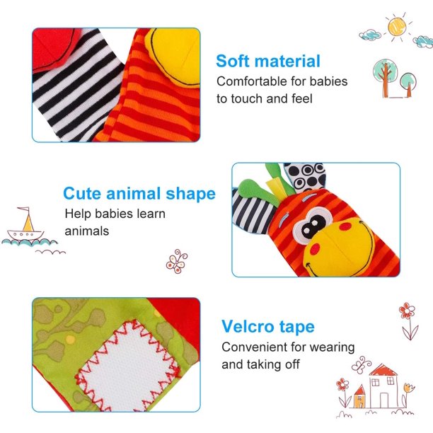 Dsseng Baby Wrist Rattle Baby Socks Rattle, Baby Finder Animal Toys Set Soft Animal Toy (4 Pack) - Hand and Foot Rattles Suitable for 0-3, 3-6, 6-12 Months Babies