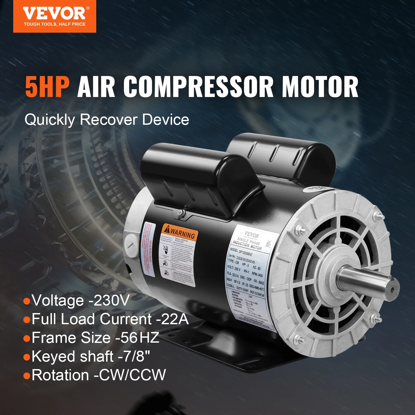 SKYSHALO 5HP Air Compressor Electric Motor, 230V 22 Amps, 56HZ Frame 3450RPM, 7/8