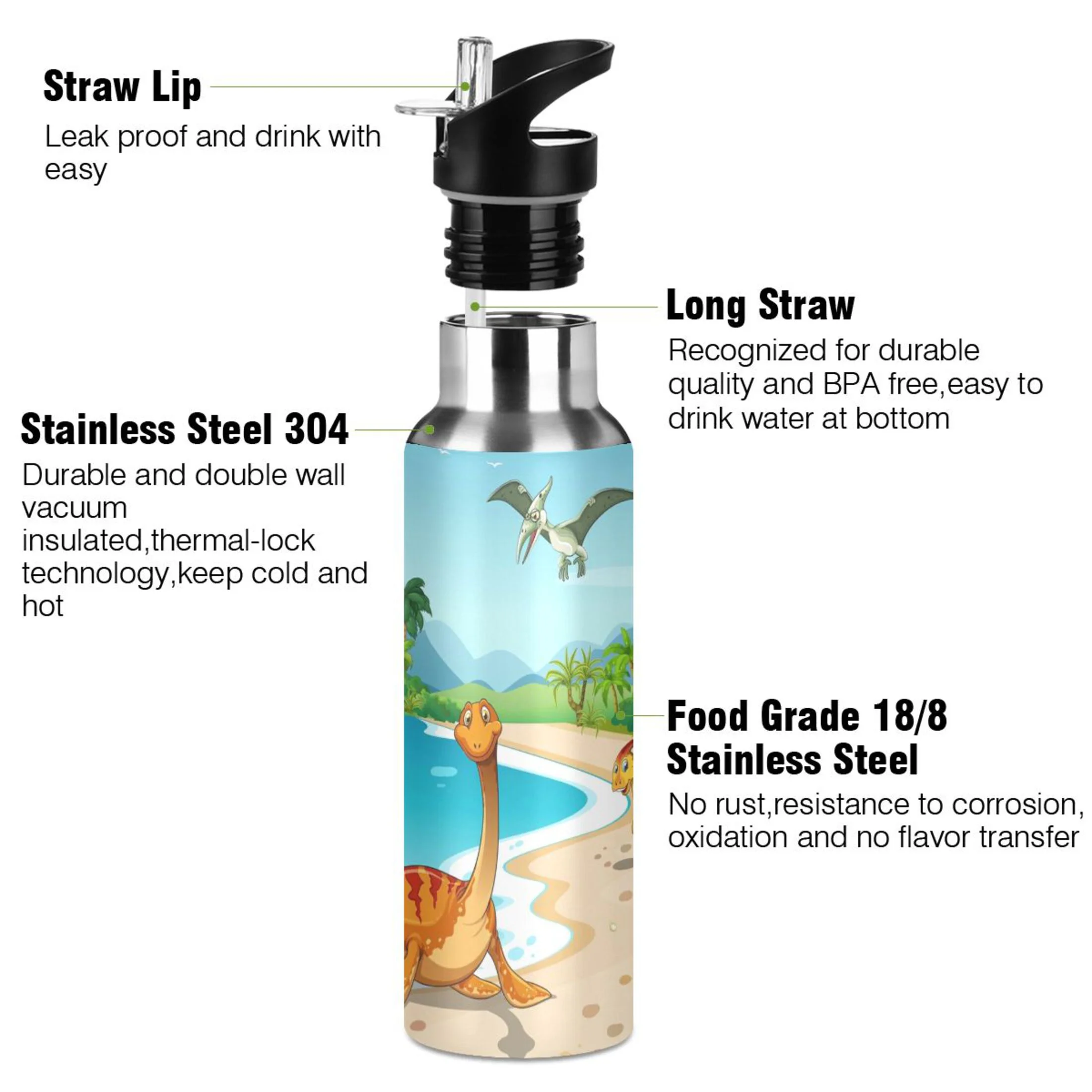Stainless Steel Water Bottle Dinosaurs Living on Beach with Straw Lid Vacuum Insulated Keeps Hot and Cold Leak Proof Flask Jug for Gym Travel Sports Cycling Outdoor 20 OZ