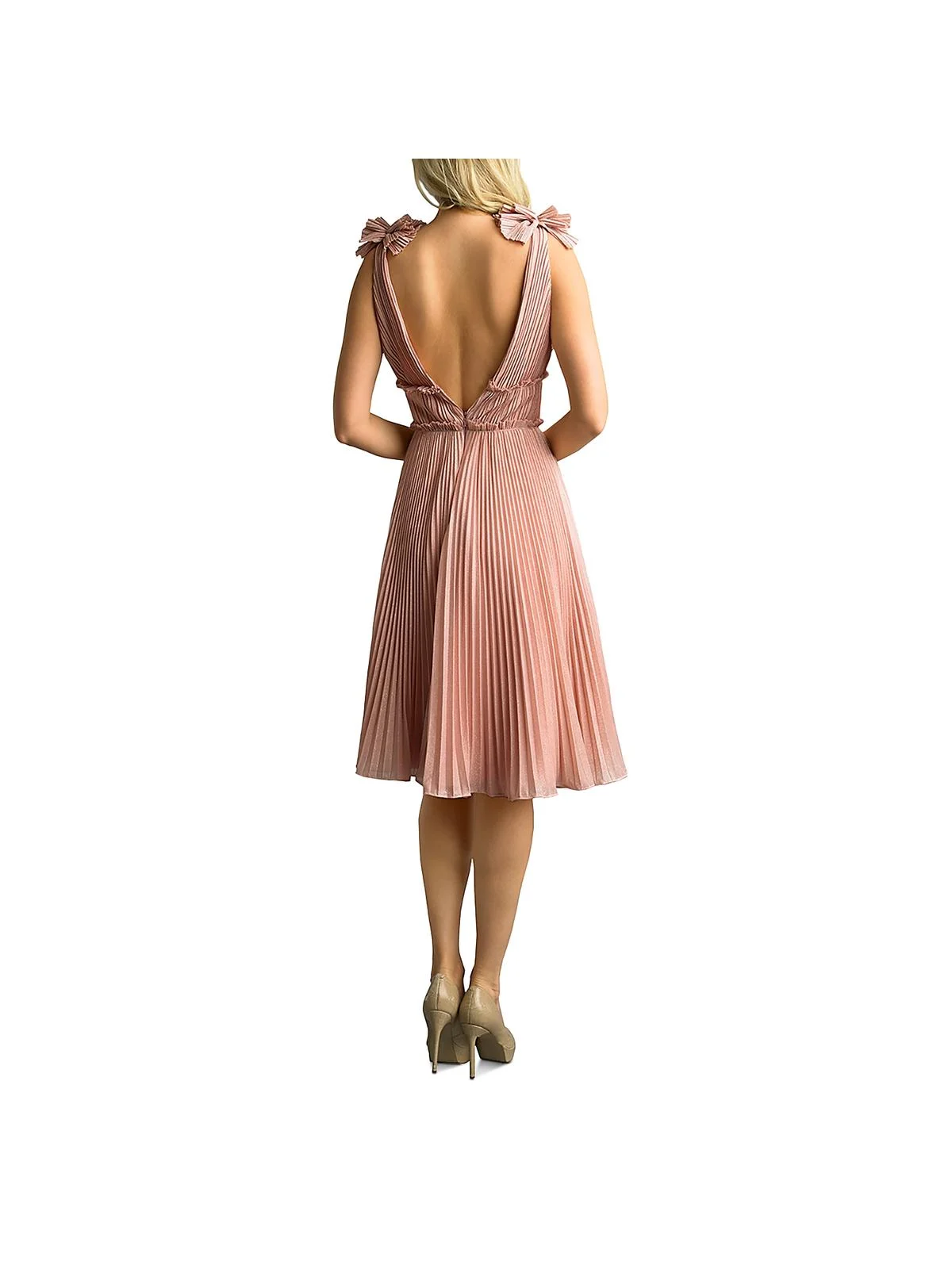 Basix Womens Pink Pleated Bows Added On Straps Spaghetti Strap V Neck Below The Knee Evening Fit + Flare Dress 2