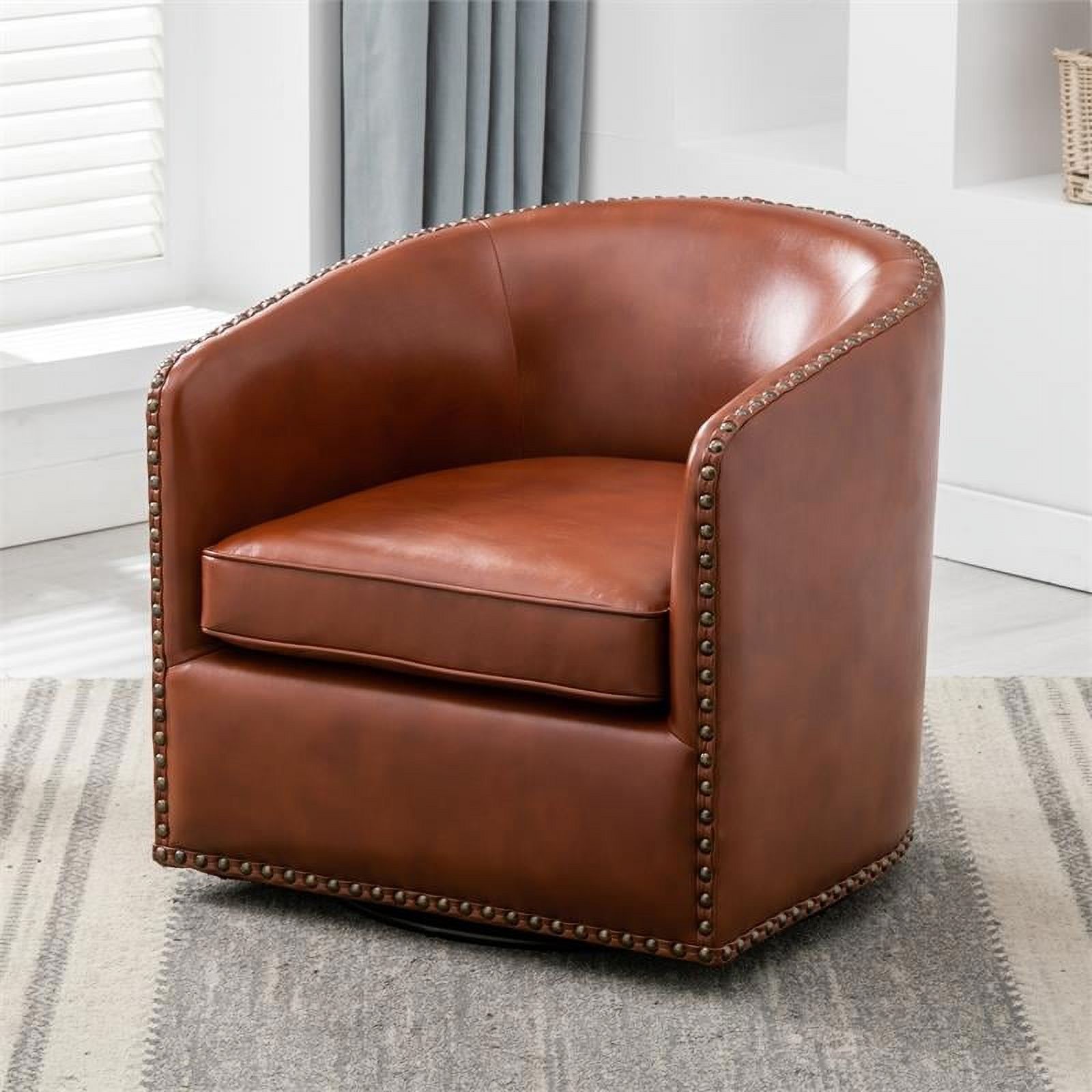 Bowery Hill Transitional Faux Leather Nail head Trim Swivel Arm Chair in Caramel