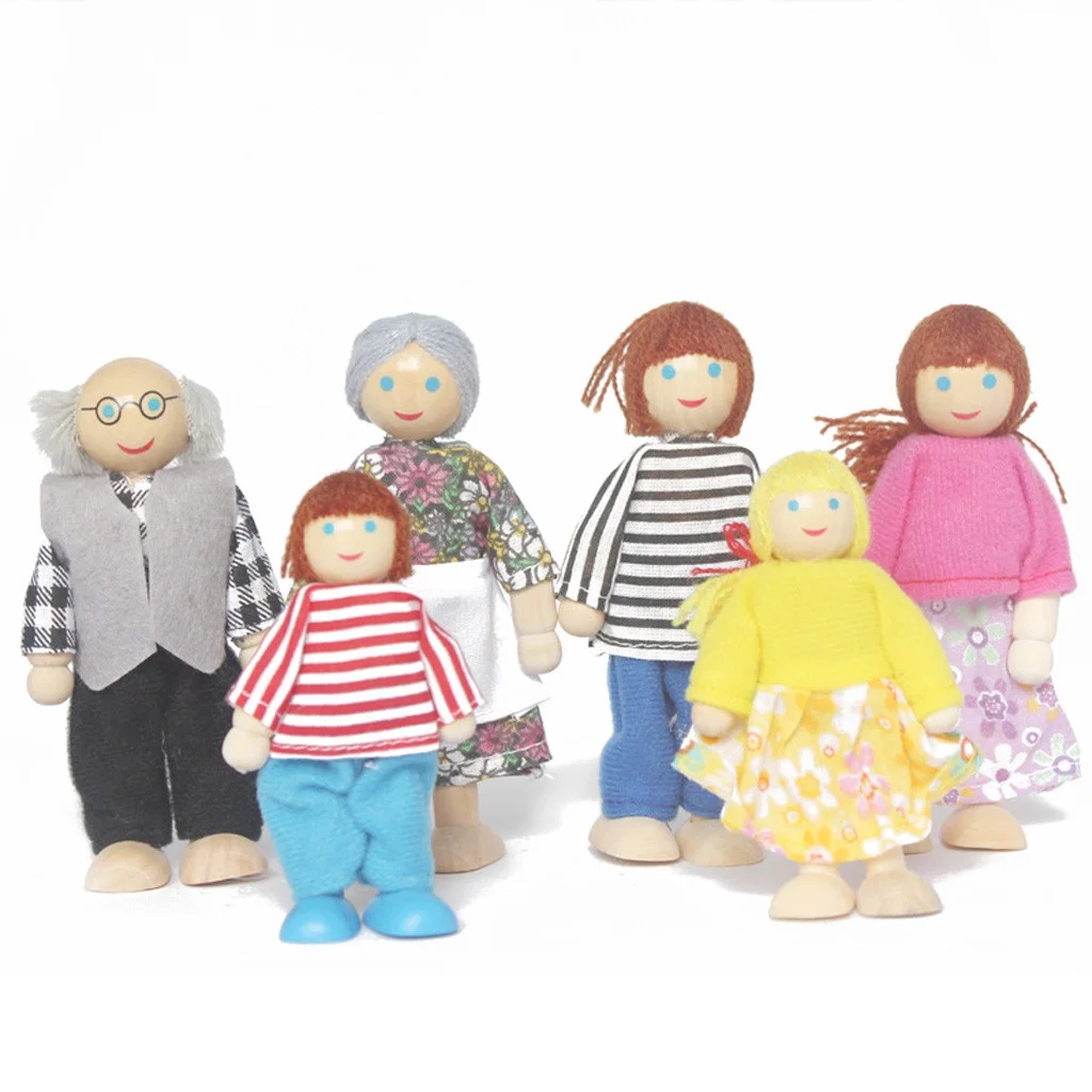 Wooden Furniture Dolls House Family Miniature 6 People Set Doll Toy for Kid