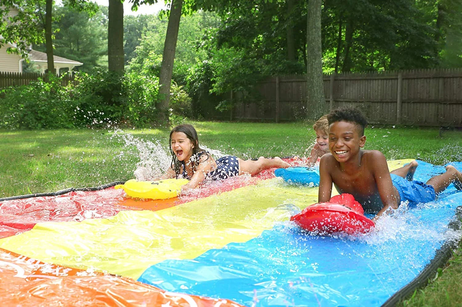 Terra Durable Triple Lane Slip, Splash and Slide Water Waterslide with 3 Boogie Boards 16 Foot Three Sliding Racing Lanes with Sprinklers For Kids And Adults
