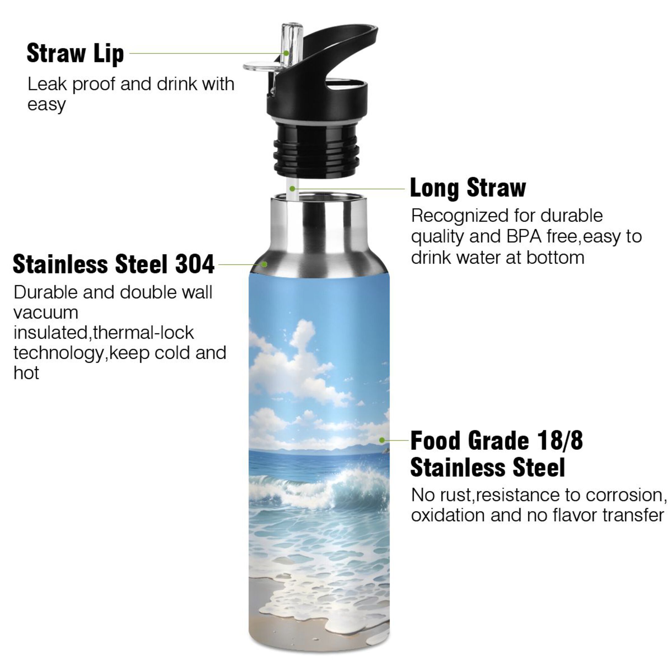 Beach and Blue Sky Water Bottles Insulated Thermos Kids Stainless Steel Bottle with Straw Lid Flask Leakproof for Sports Gym 20 oz