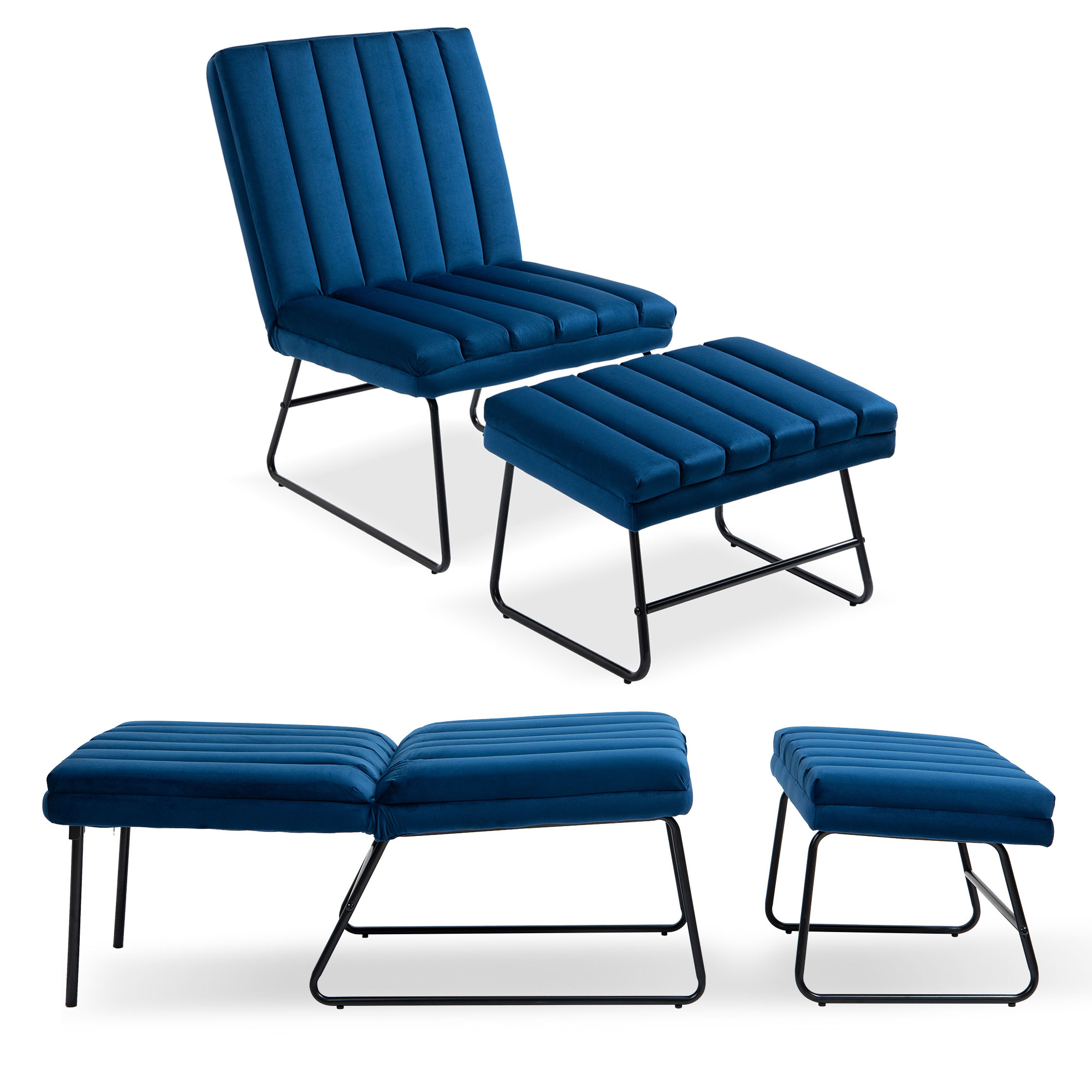 Modern Casual Style Velvet Lounge Chair Set with Adjustable Backrest and A Ottman, Dark Blue