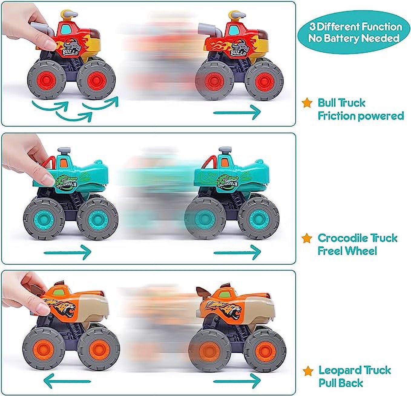 Toy Cars For 1 2 3 Year Old 3 Pack Monster truck Toy Push & Go Crocodile Car Friction Powered Bull Car Pull Back Leopard Car Big Wheel Animal Toy Car Baby Toy Gift For 12 18 Month Boys Girls Toddlers