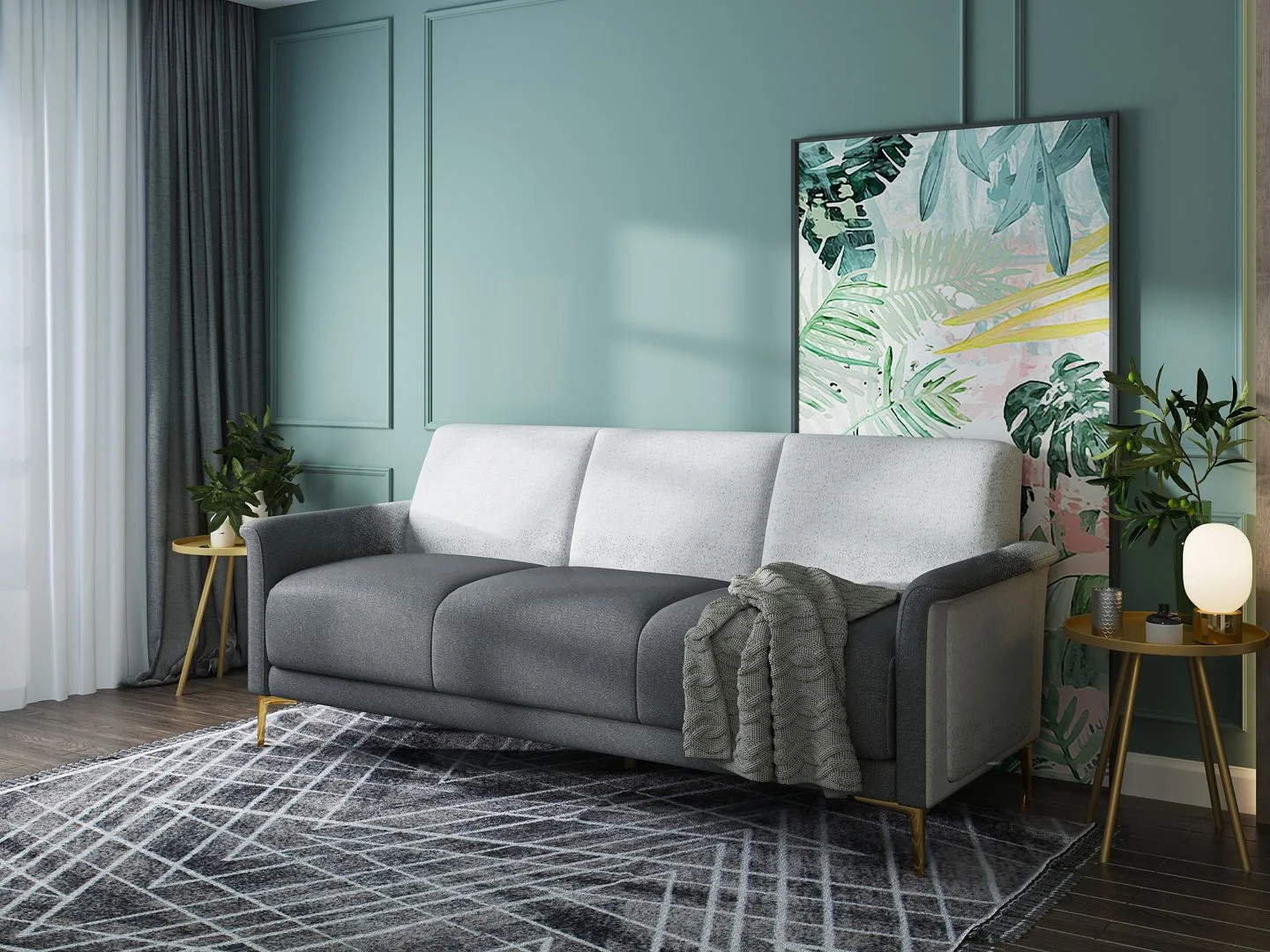 Koby Home's Collection Derby Transitional Futon Sofa with Foldable Tables, Upholstered in Poly-inspired Linen with Flared Arms, Golden Metal Legs, Tight Seat and BackLiving Room Couch Furniture
