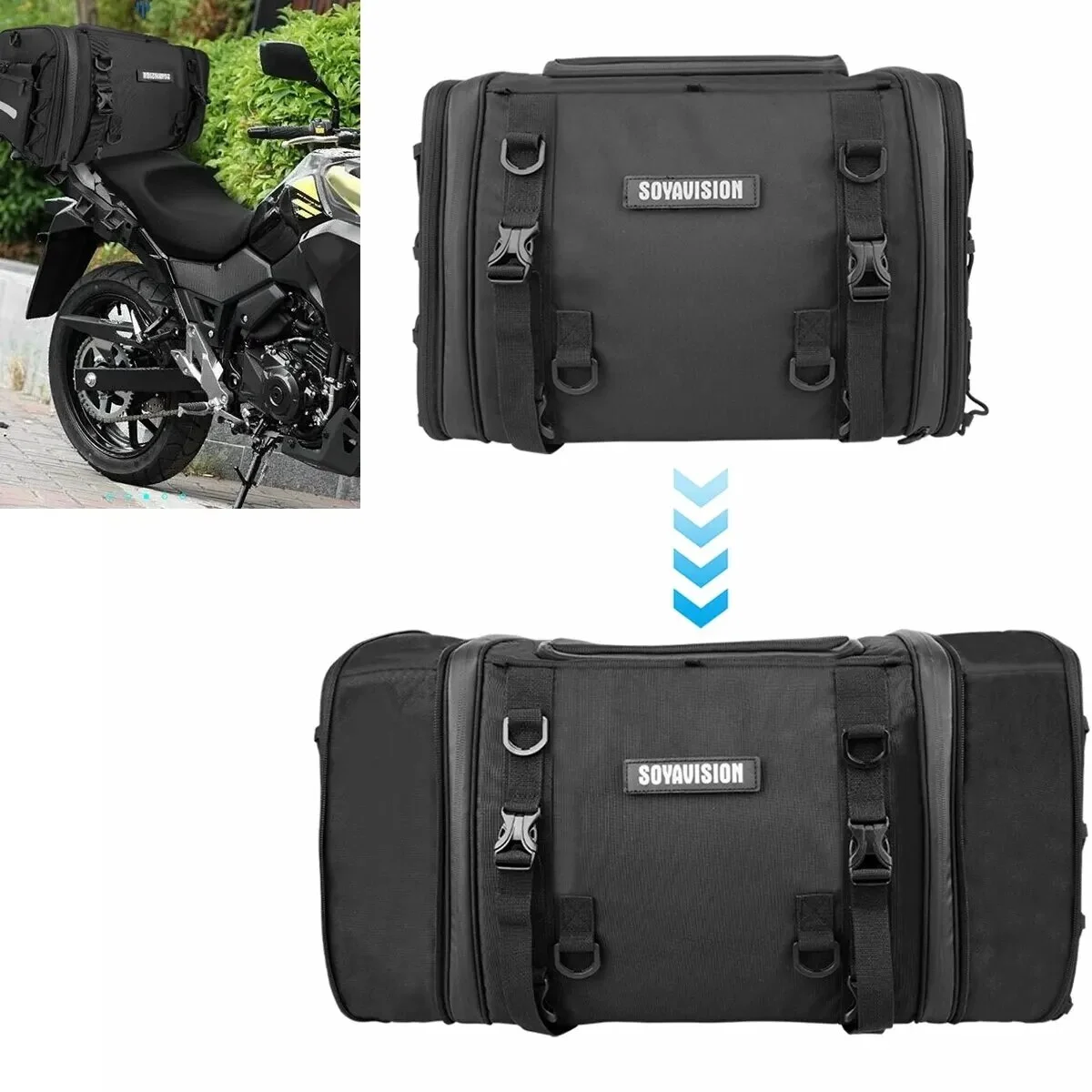 Motorcycle Bag 30-50L Waterproof PVC Tail Saddle Bag Durable Dry Luggage Outdoor Bag Motorbike Rear Seat Bag Helmet Backpack black