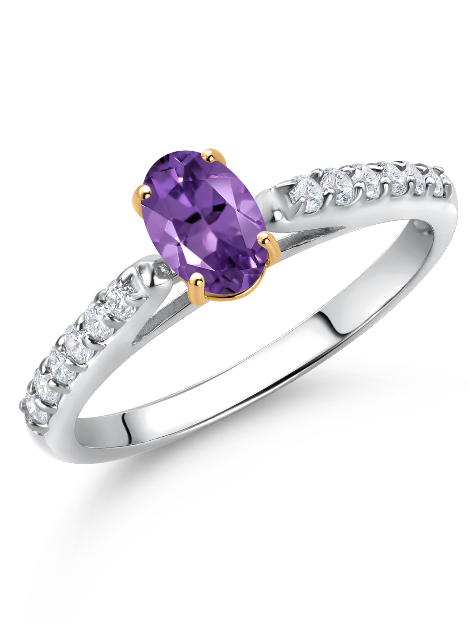 925 Sterling Silver and 10K Yellow Gold Purple Amethyst and White Lab Grown Diamond Engagement Ring For Women (0.63 Cttw, Oval 6X4MM, Gemstone February Birthstone, Available In Size 5, 6, 7, 8, 9)