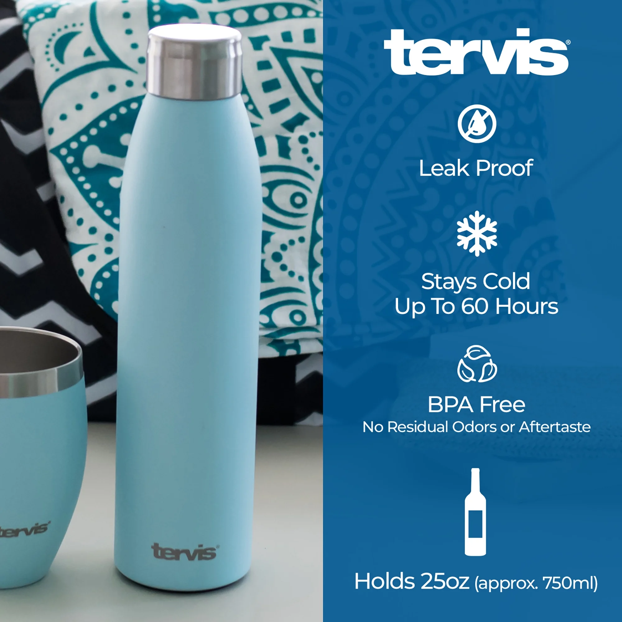 Tervis Powder Coated Stainless Steel Triple Walled  Insulated Tumbler Travel Cup Keeps Drinks Cold & Hot, 25oz Slim Carafe, Glacier White