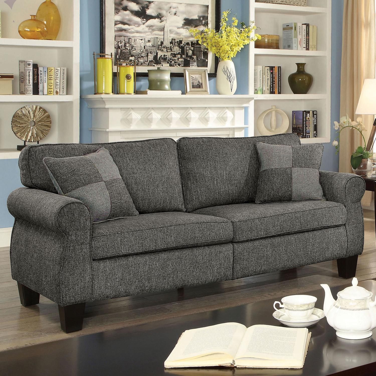 Transitional Dark Gray Linen-like Fabric Sofa and Loveseat FOA Rhian