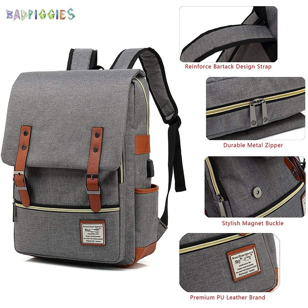 BadPiggies Vintage Travel Backpack for Women Men Satchel Rucksack School Bag Laptop Backpack with USB Charging Port