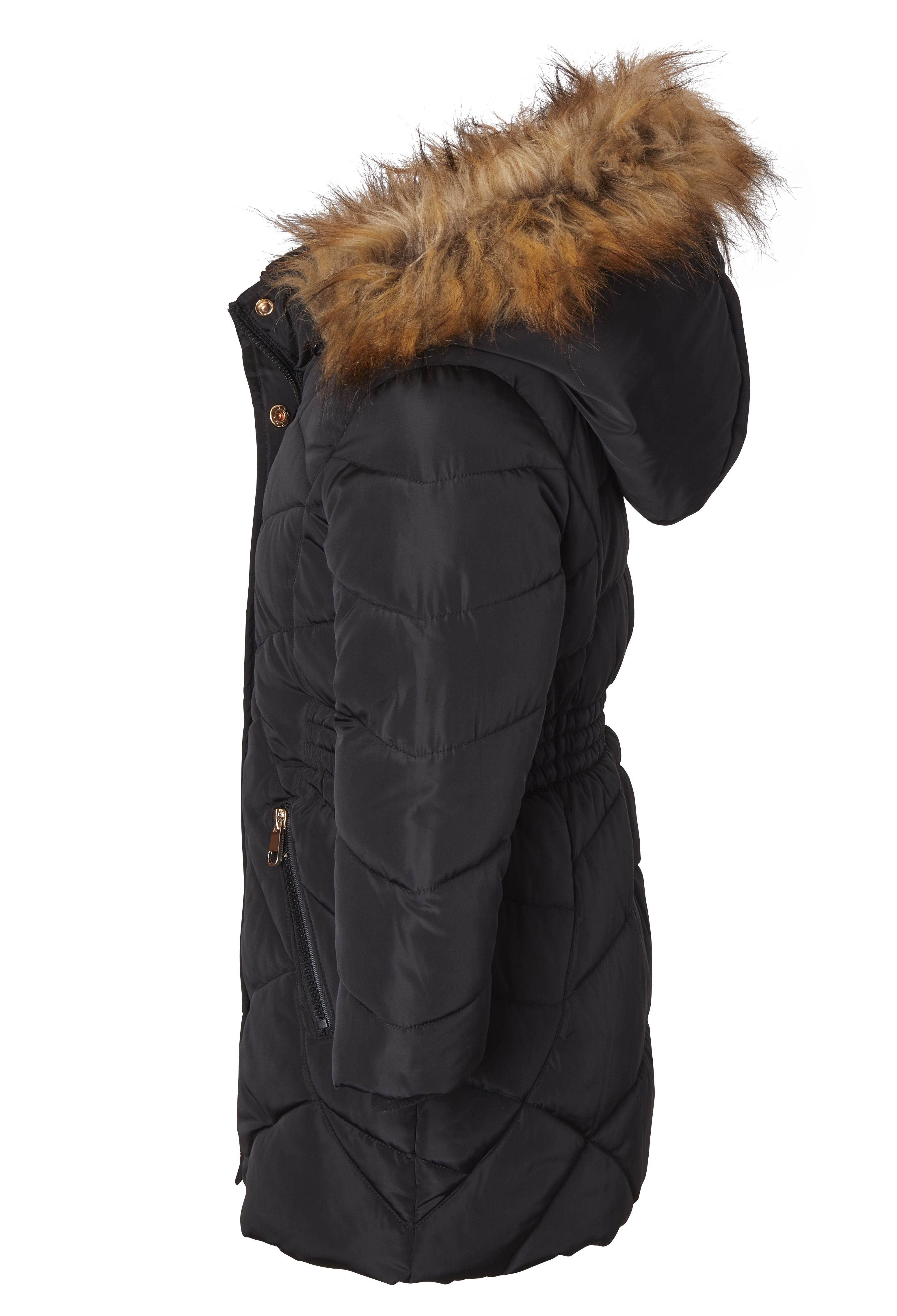 Girls Fleece Lined Quilted Midlength Fur Trimmed Hood Winter Puffer Jacket Coats - Black (5/6)
