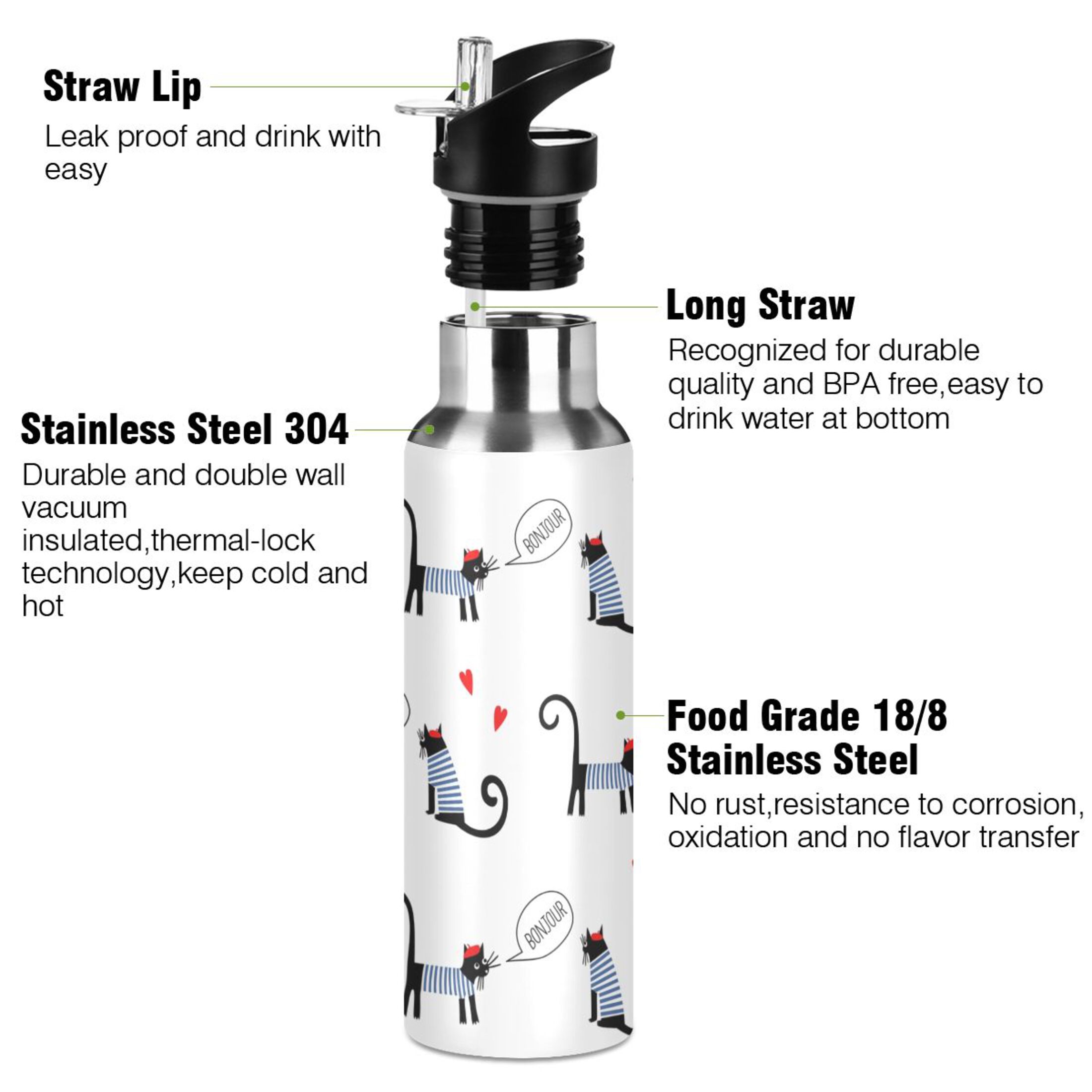 Water Bottle with Straw Lid Leak French Cats Cute Cartoon Stainless Steel Insulated Thermos Vacuum Flask for Cold Hot Drinking for Sports Camping Gym Yoga
