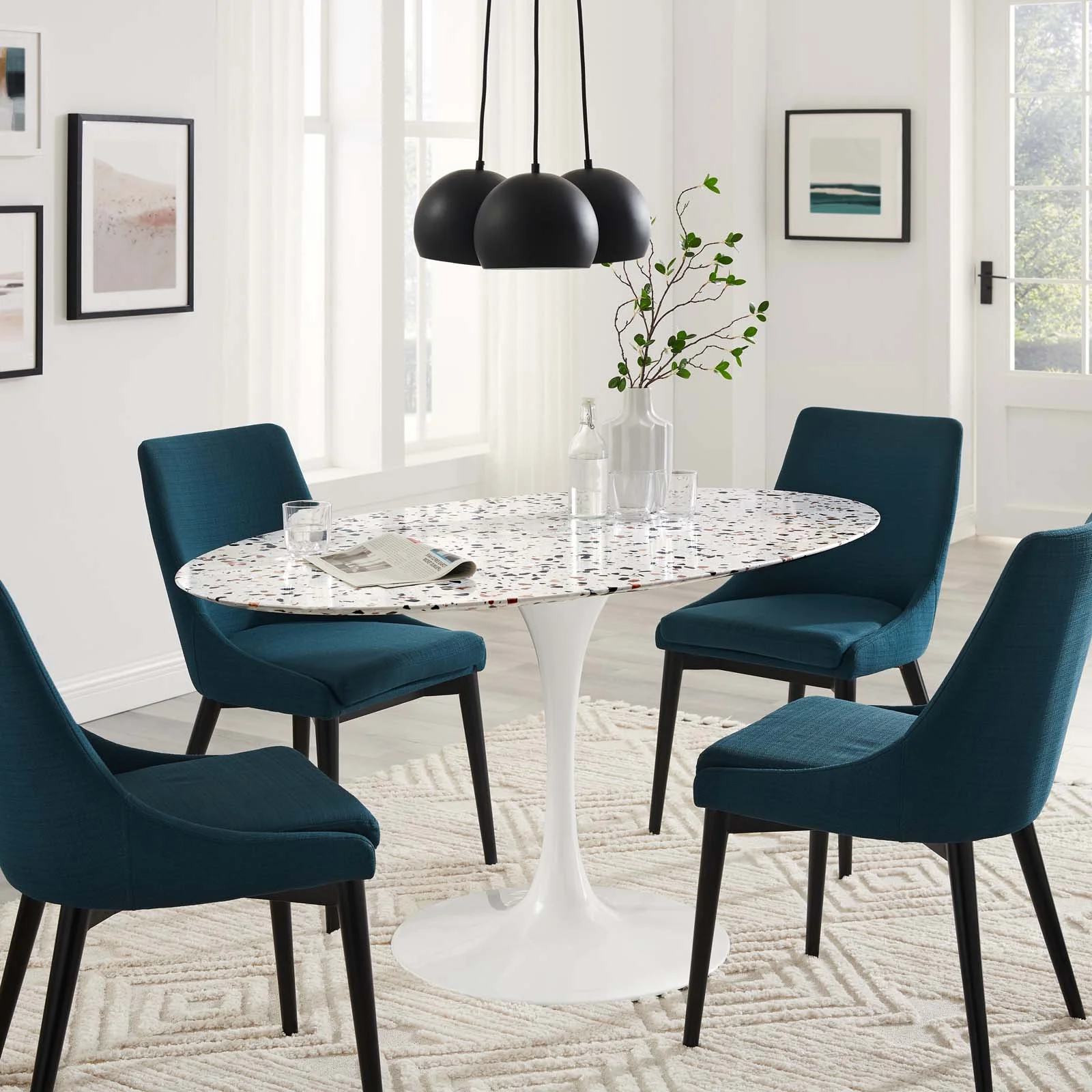 60 inch Dining Table, Oval, White, Wood, Metal Steel, Modern Contemporary Mid-Century, Kitchen Room Cafe Bistro Restaurant Hospitality