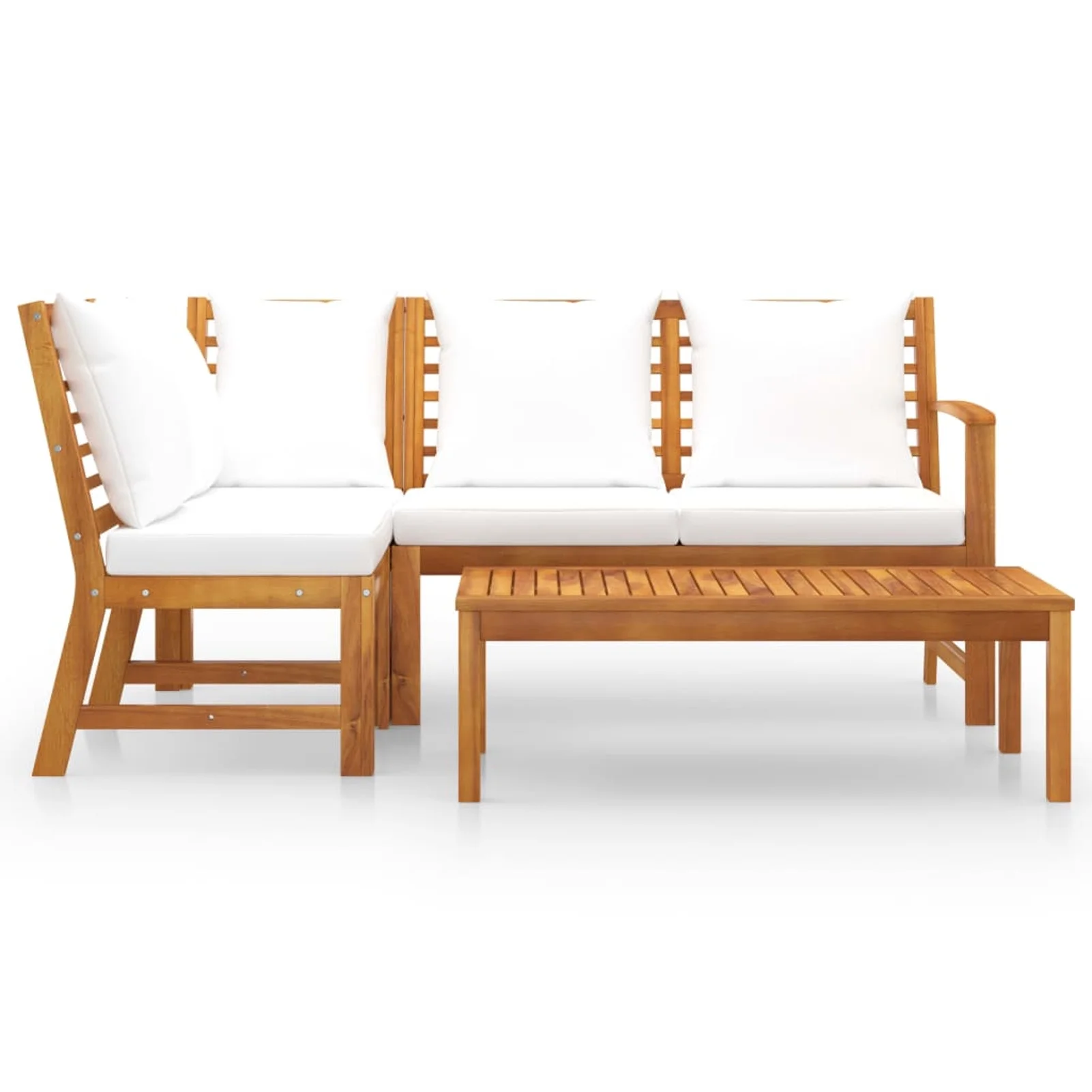 Anself 4 Piece Patio Lounge Set with Cream Cushions Bench with Left Arm, Corner and Middle Sofa, Table Conversation Set Acacia Wood Outdoor Sectional Sofa Set for Garden, Balcony, Yard, Deck
