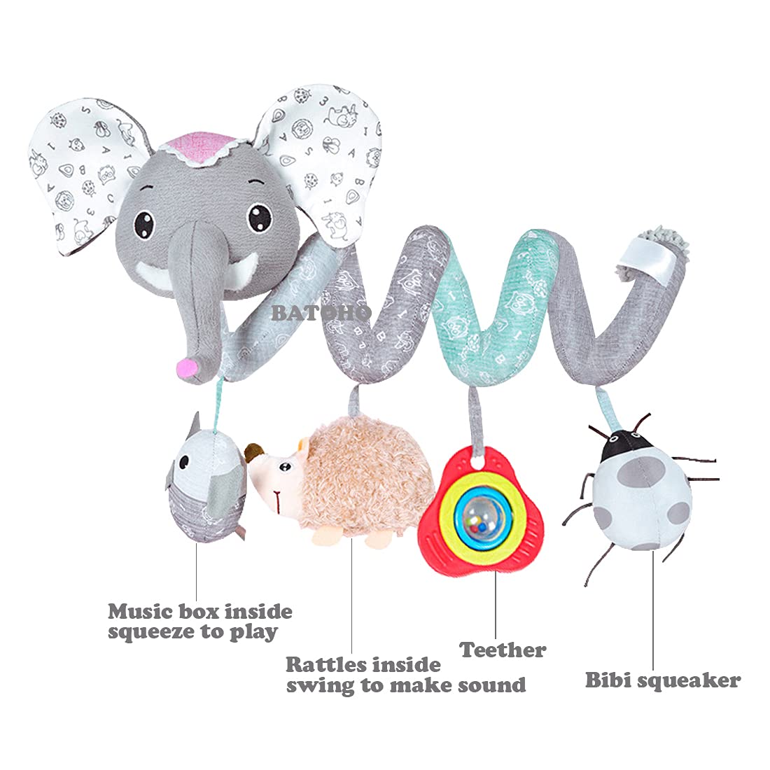 &nbsp;Baby Car Seat Toys, Infant Activity Spiral Plush Toys Hanging Stroller Toys for Baby with Musical Owl Rattles Hedgehog Beep Ladybird Squeaker - Gray Elephant