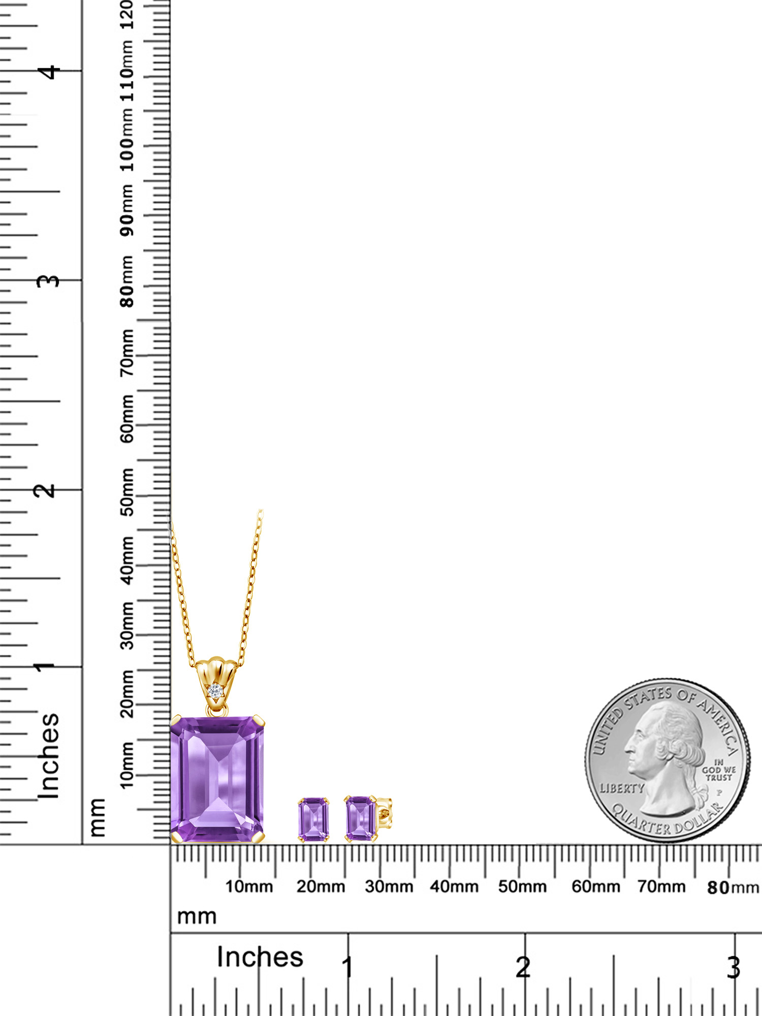 18K Yellow Gold Plated Silver Purple Amethyst and White Topaz Pendant and Earrings Jewelry Set For Women (16.07 Cttw, Gemstone February Birthstone, Emerald Cut 18X13MM and 6X4MM, with 18 inch Chain)