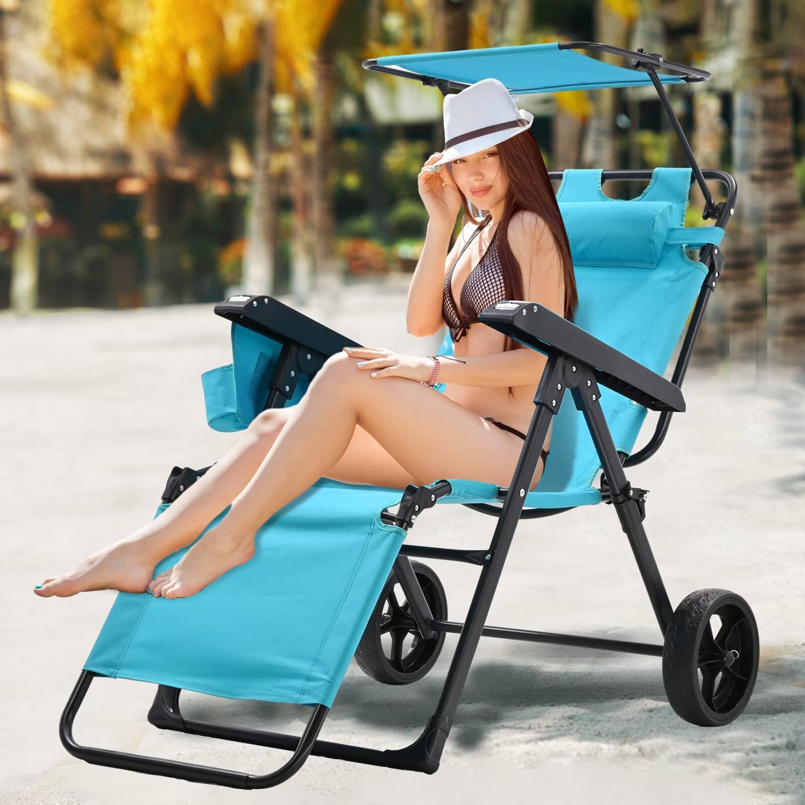 MOPHOTO Beach Chair with Canopy, 2-in-1 Beach Chair Combo Cart Lounge Chair with Heavy Wheels, Outdoor Sunbathing Folding Beach Tanning Chair Sun Chair with Shade for Beach, Pool or Picnic