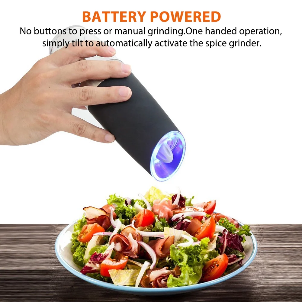 HomChum Gravity Electric Pepper and Salt Grinders Set,  Battery Powered with LED Light One Hand Automatic Operation Automatic Grinder, Adjustable Coarseness Mill Grinders Kitchen Tools 2Pcs