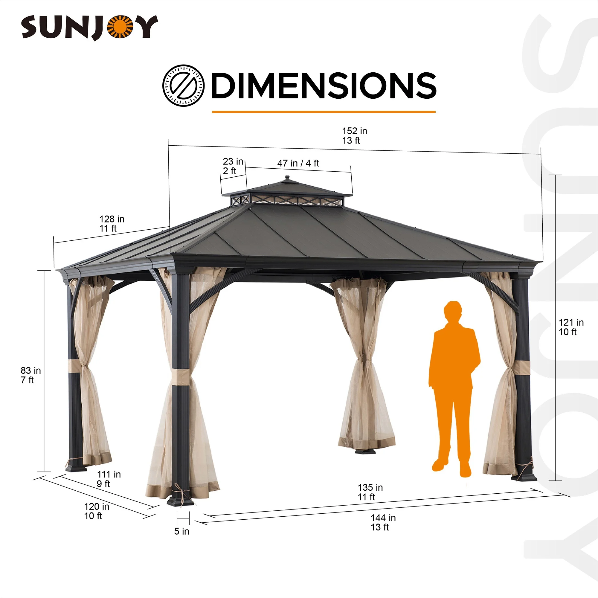 Sunjoy Outdoor Patio 11x13 Black 2-Tier Aluminum Backyard Hardtop Gazebo with Metal Ceiling Hook and Netting