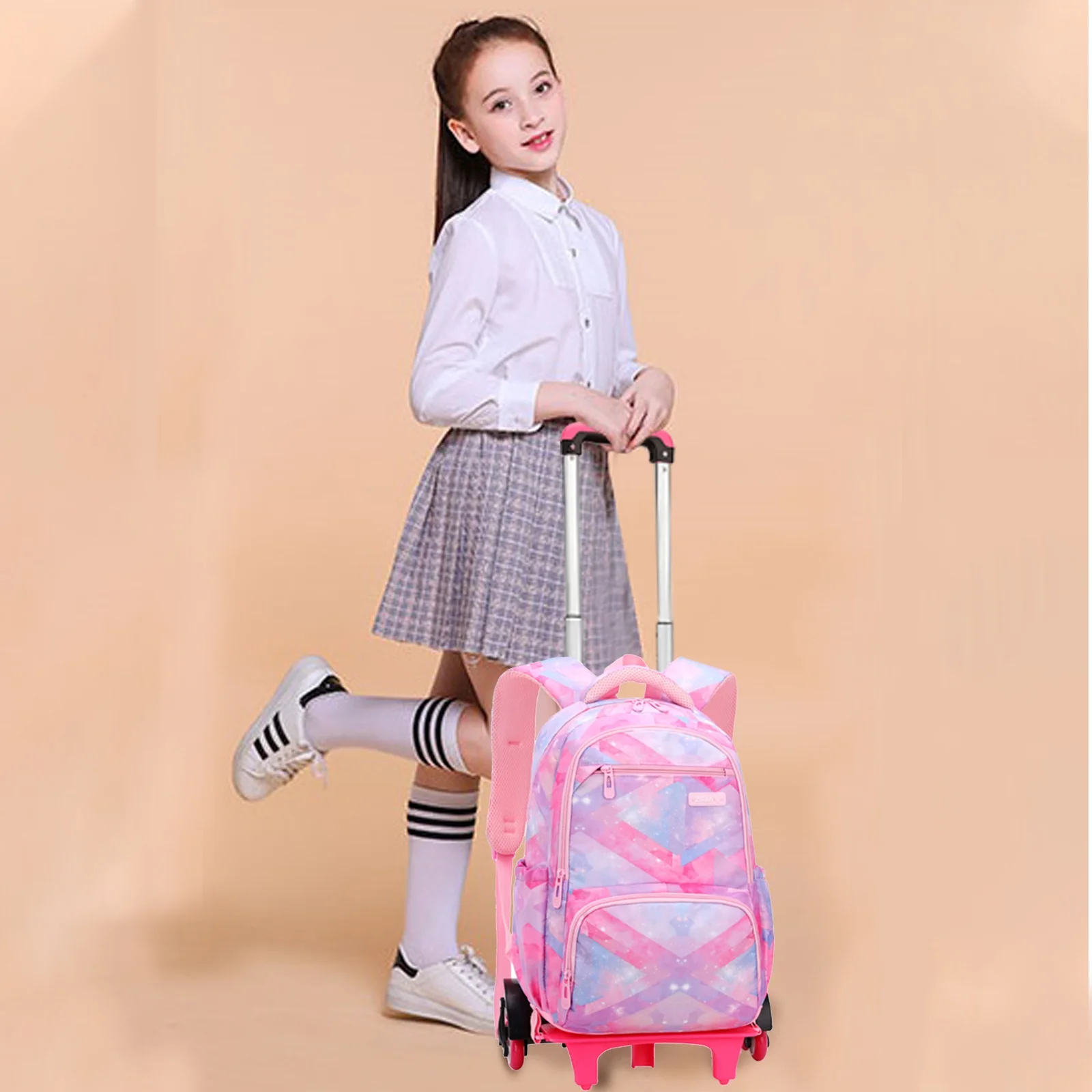 IvyH Boys Girls Rolling Backpack Large-capacity Wheeled Backpack Waterproof Trolley School Bag,Pink (6 Wheels)