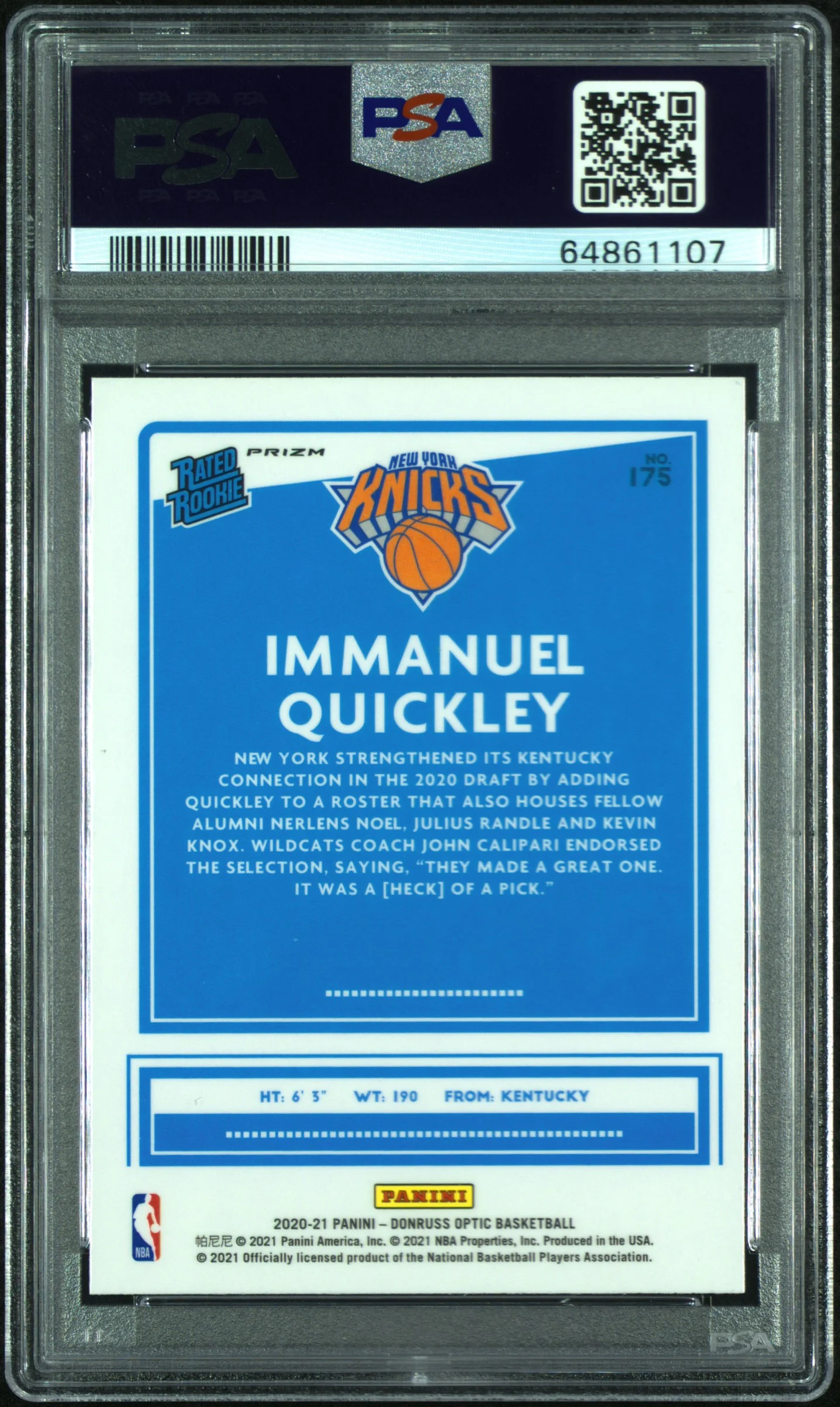 Immanuel Quickley New York Knicks 2020 Donruss Optic Green Pulsar Rookie Card PSA Mint 9