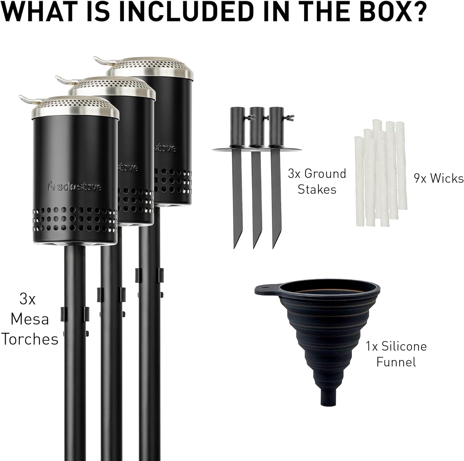 Solo Stove Mesa Torch, 3 Pack | Backyard Torches for Outside, 5 hr Burn Time, Cold-Rolled Steel, Incl. 3 Torches, 3 Ground Stakes, 3 Fuel Funnels, 9 Wicks, Adjustable Height: 37.75-52.5 in