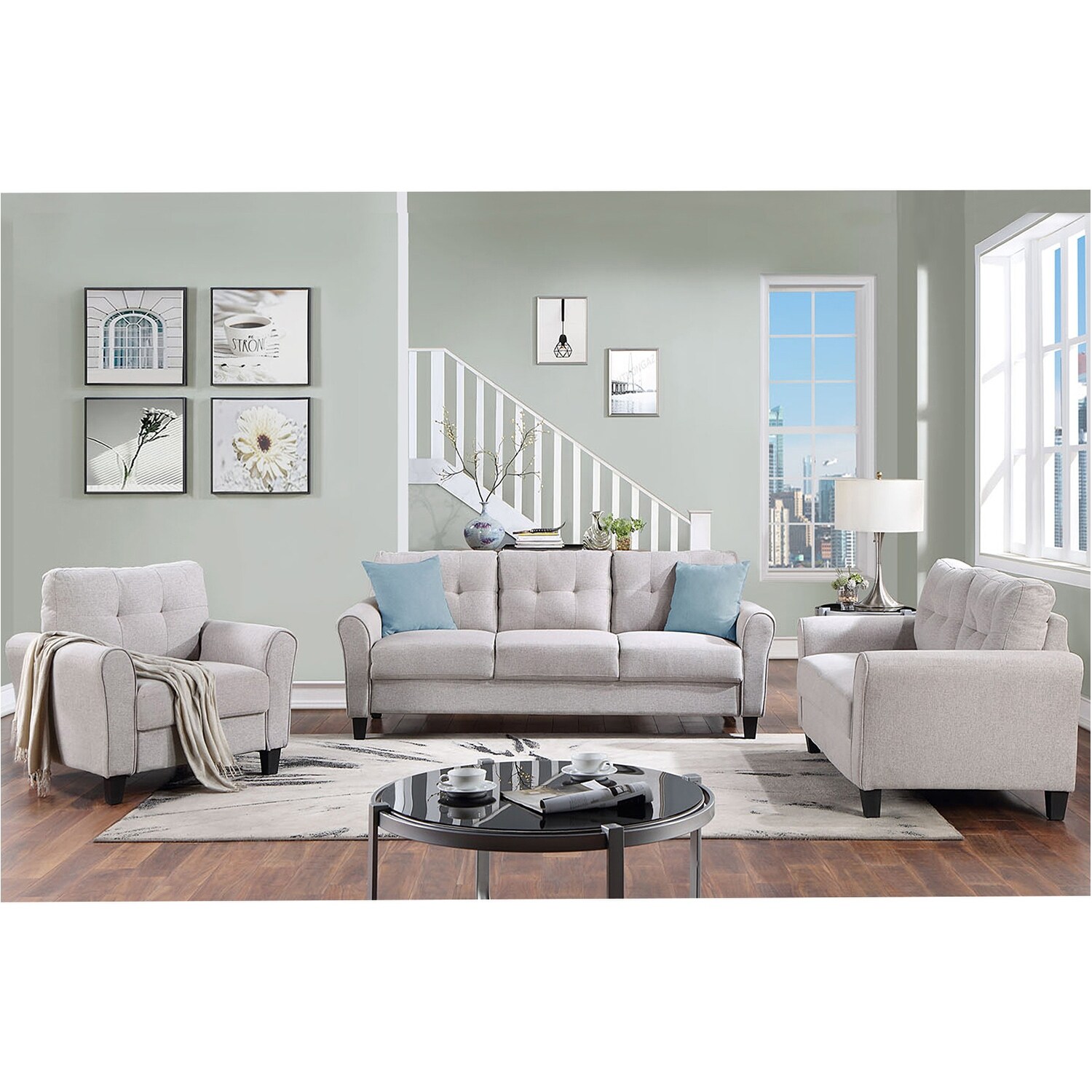 Modern Living Room Sofa Set with Armchair,Loveseat and 3-Seat Sofa Light Grey-Blue