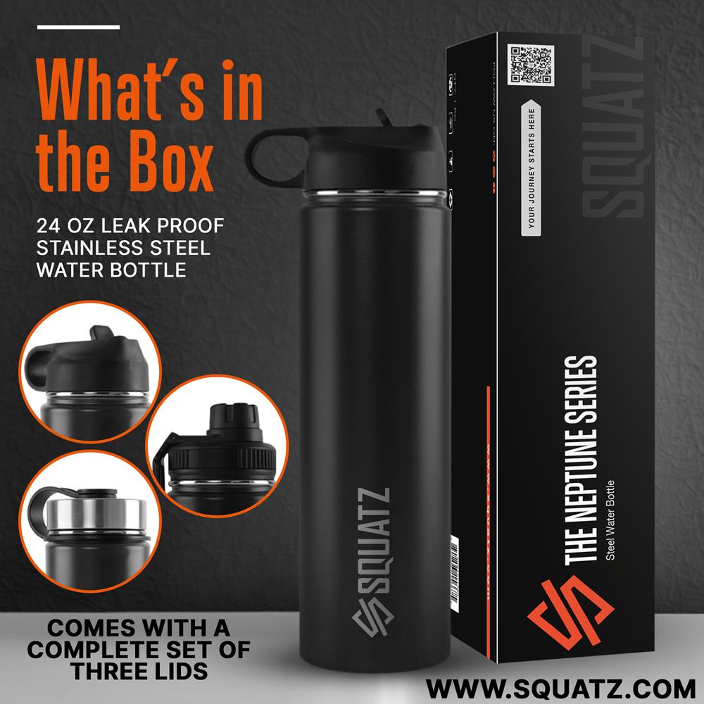 Squatz 24 Oz Neptune Series Steel Water Bottle, Stainless Double Wall Vacuum Insulated Flask
