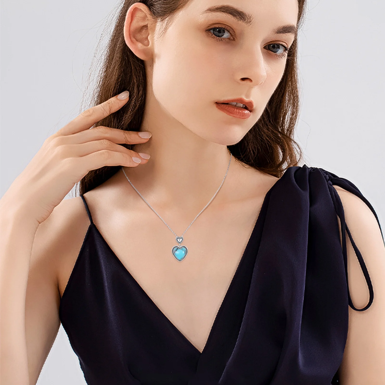 Cuoka Heart Pendant Necklace 925 Sterling Silver Turquoise Necklaces 18K White Gold Plated Jewelry Birthday Valentine's Day Gift for Women Daughter Girls Mom Wife