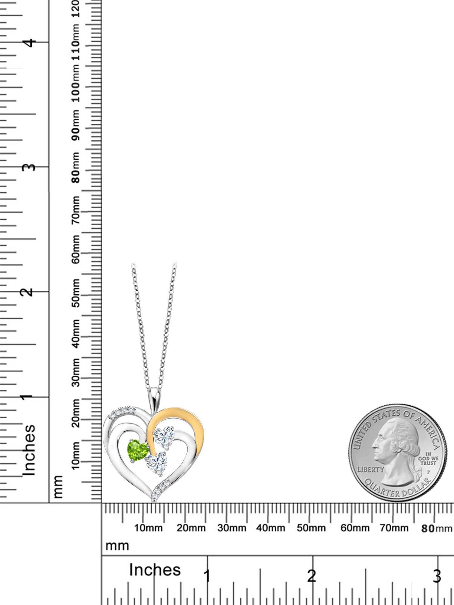 Gem Stone King 925 Two-Tone Sterling Silver and White Green Peridot and White Moissanite Pendant Necklace For Women (1.34 Cttw, Heart Shape 5MM, 18 inch Chain)