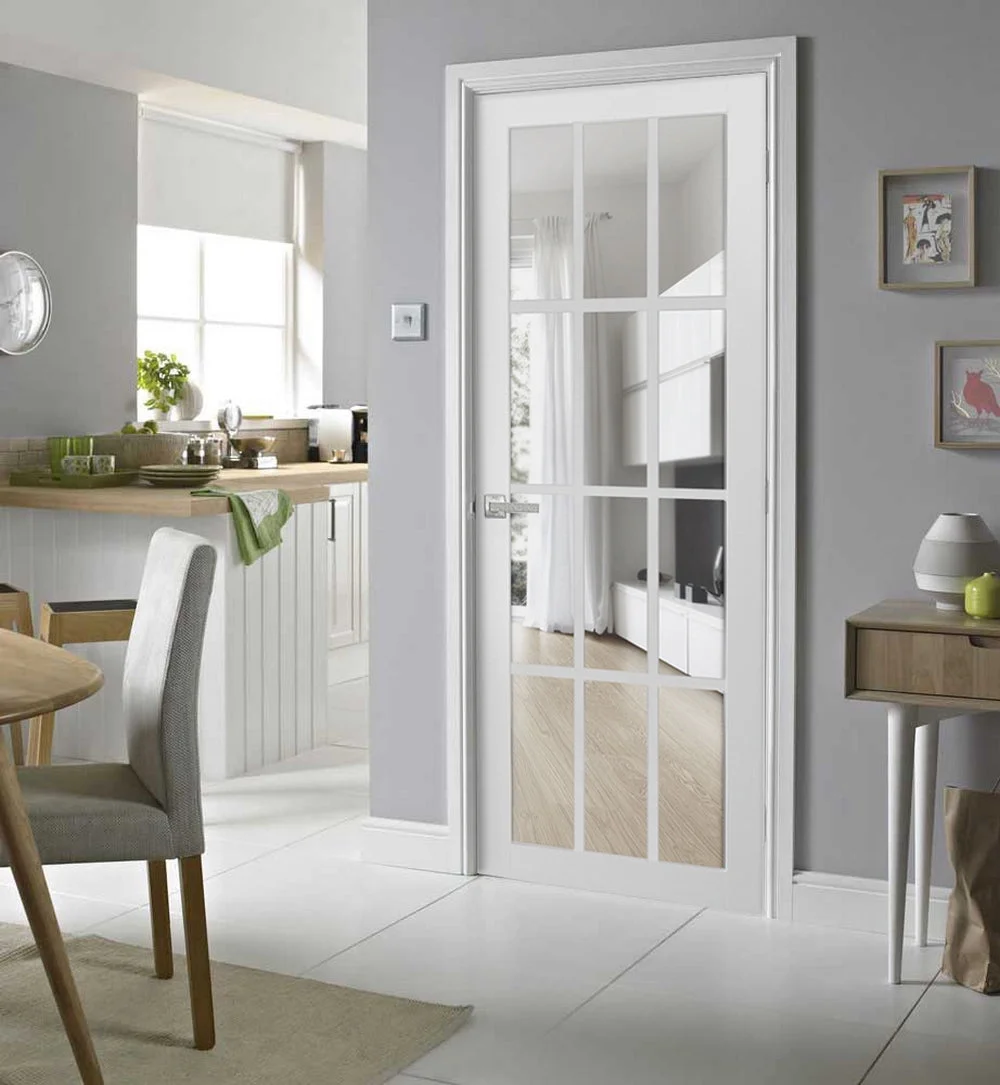 Solid French Door Clear Glass 12 lites | Felicia 3355 White Silk | Single Regular Panel Frame Trims Handle | Bathroom Bedroom Sturdy Doors