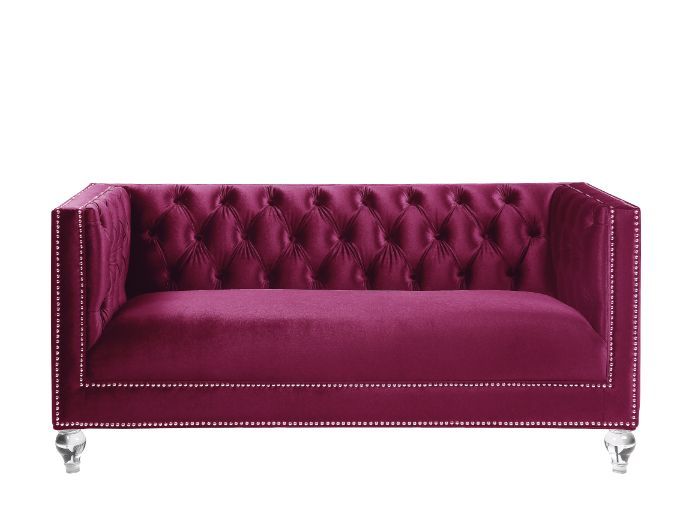 Contemporary Living Room Furniture 2pc Sofa Burgundy Velvet Button Tufted Trim Accent Sofa & Love Seat
