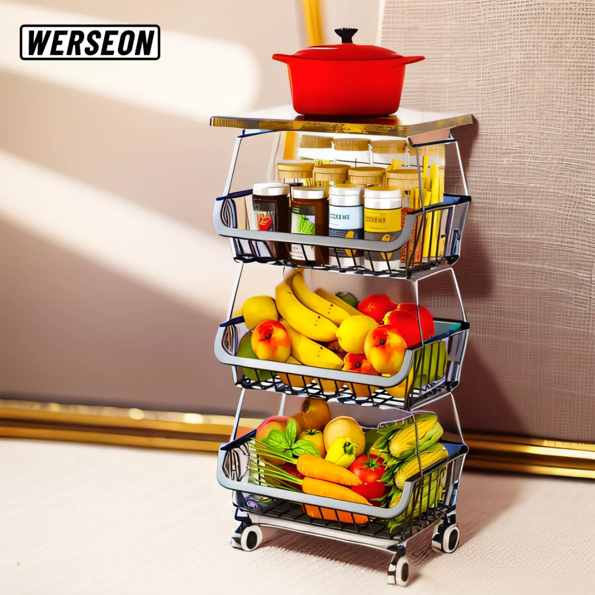 Werseon 4 Tier Fruit Storage Basket, Fruit Vegetable Cart with Solid Wood, Kitchen Storage Rack with Rollers for Pantry
