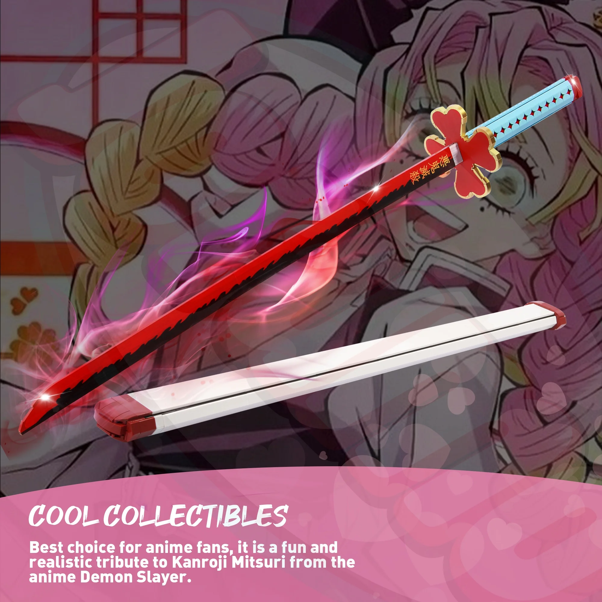 Demon Slayer Swords Compatible with Lego, 39in Kanroji Mitsuri Sword Building Block Katana with Scabbard and Stand, Anime Sword Building Toys for Girls 8-10, 780 Pcs