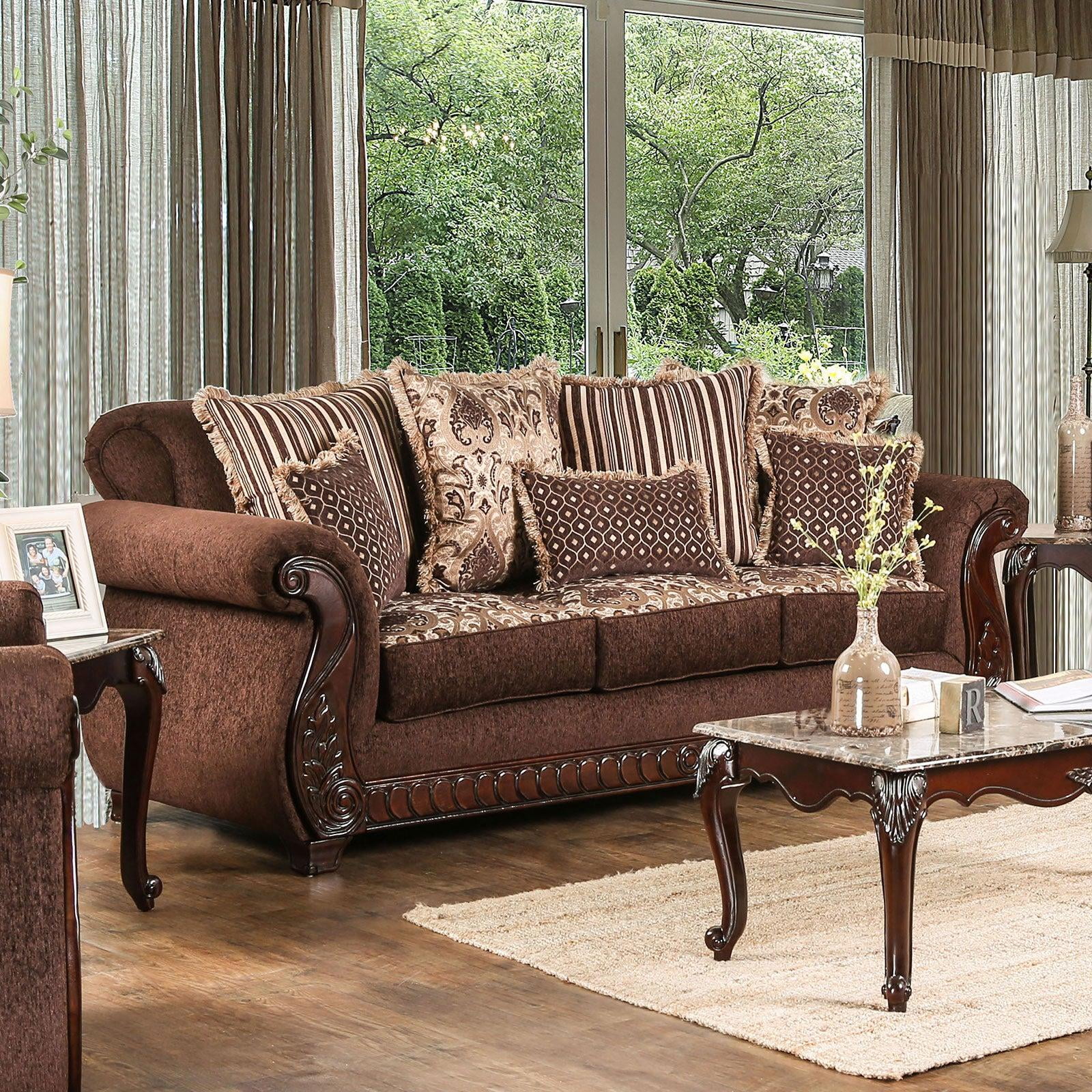 Traditional Brown & Gold Fabric Living Room Set 3pcs FOA Tabitha