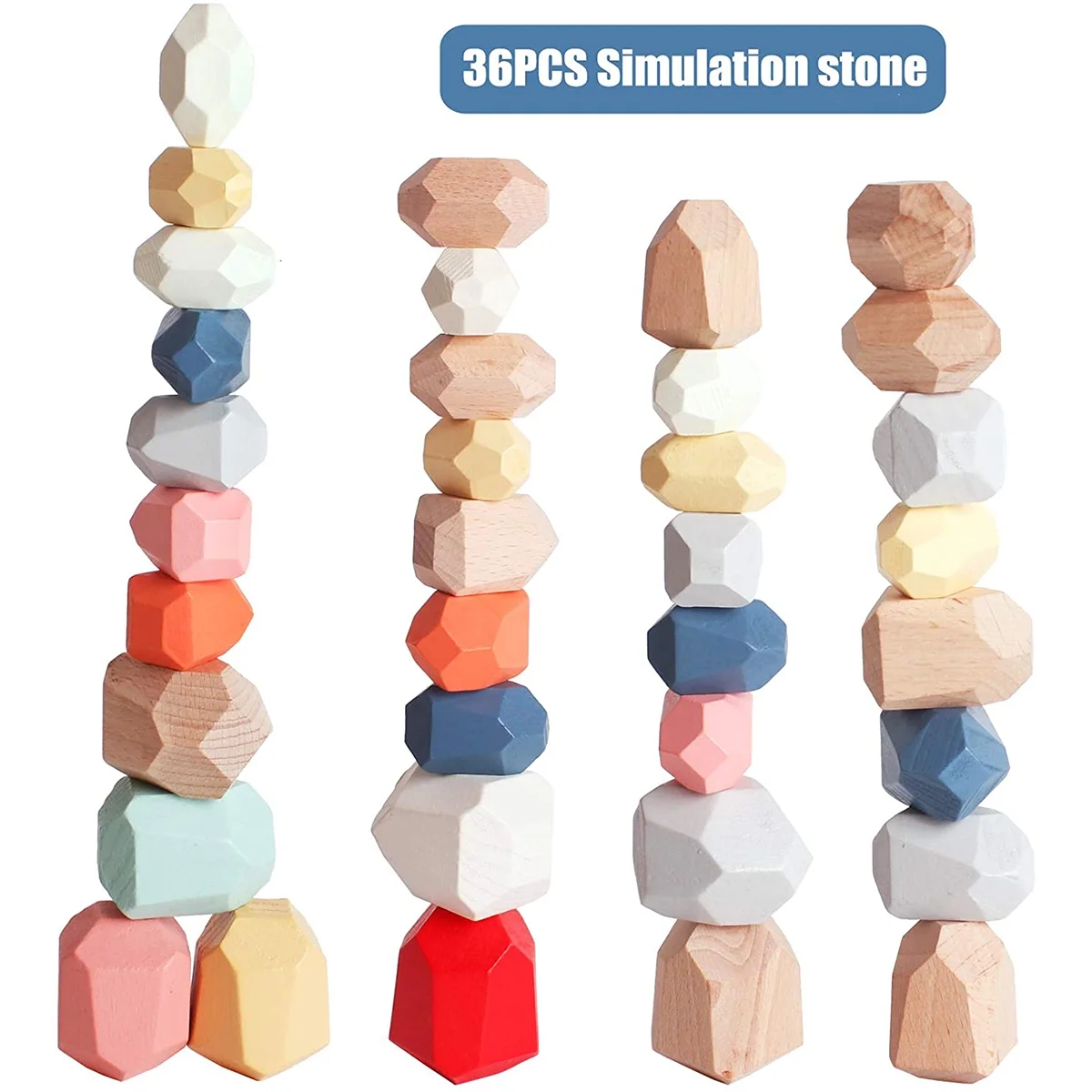 36Pcs Stacking Balancing Stone Colorful Wooden Building Blocks Balancing Stone Toys Wood Stone Building Rock Blocks Wooden Stones Stacking Game Early Educational Puzzle Toy for Kids Boys and Girls