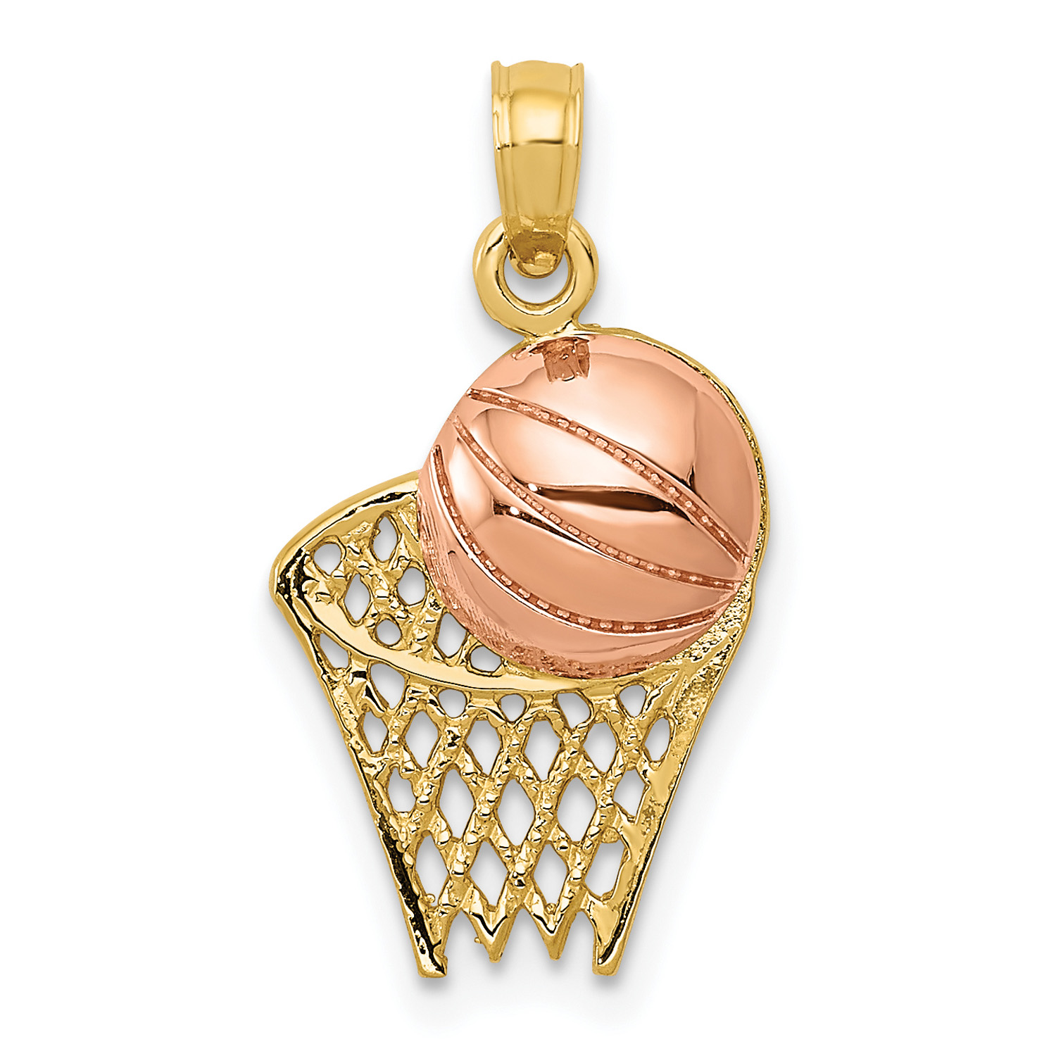 Carat in Karats 14K Two-Tone Gold Basketball Hoop With Ball Pendant (21 mm x 12 mm) With 10K Yellow Gold Lightweight Rope Chain 16